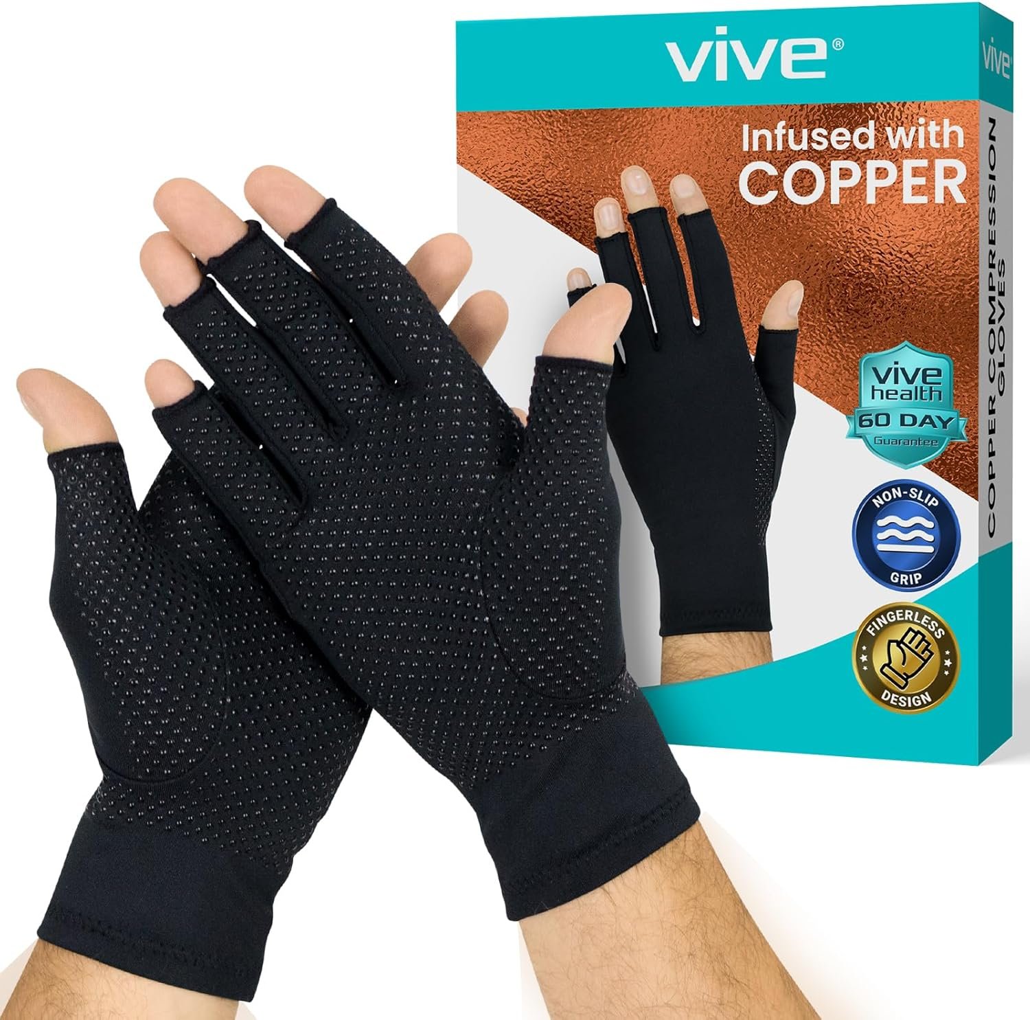 Vive Copper Infused Fingerless Arthritis Compression Gloves (Pair) – Relief for Men, Women, Rheumatoid, Swelling, Carpal Tunnel, Tendonitis, Edema, Hand & Finger Pain – Comfortable Non-Slip (Large)