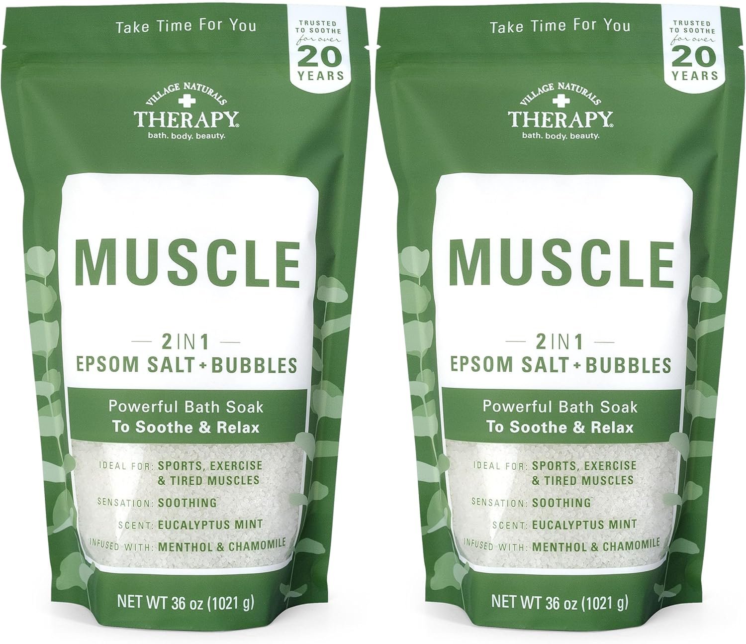 Village Naturals Therapy Muscle Foaming Epsom Soak, Eucalyptus Mint Scent, 36 oz, Pack of 2