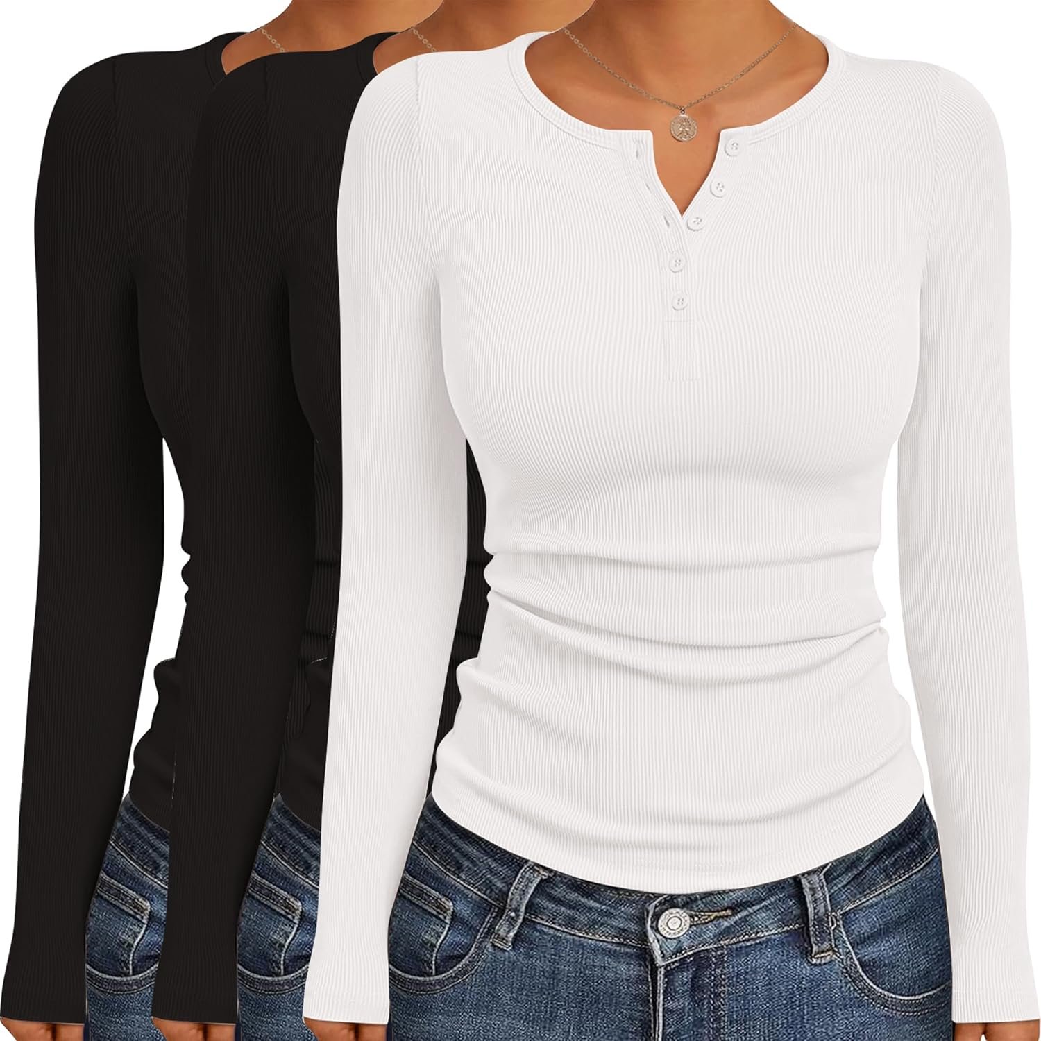 Ekouaer Women’s Long Sleeve Shirts 3 Packs Henley Button Down Tops Ribbed Slim Fit Base Layer Soft Thermal Tee