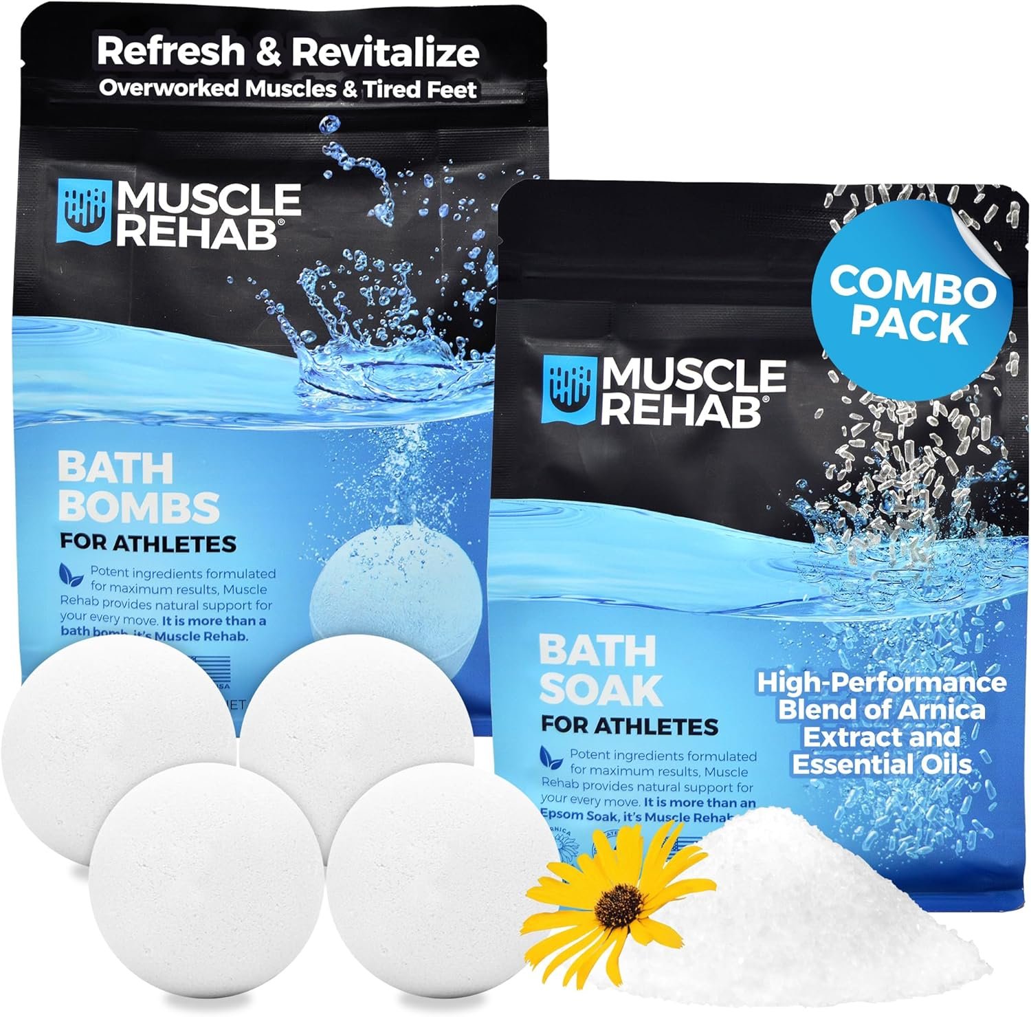 Muscle Rehab Sports Recovery Muscle Rehab Combo Handmade Bath Bombs & Soak for Athletes & Muscle Recovery- Pure Essential Oils, Packed with Arnica, Magnesium, Minerals-, White, 45 Ounce
