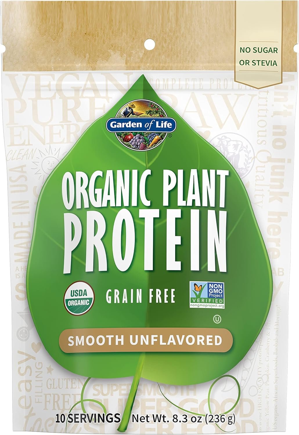 Garden of Life Organic Plant Protein Unflavored Protein Powder with Probiotics & Enzymes – Plant Based Powder, Amino Acids, Non-GMO, Grain-Free, Gluten-Free, Vegan, 10 Servings