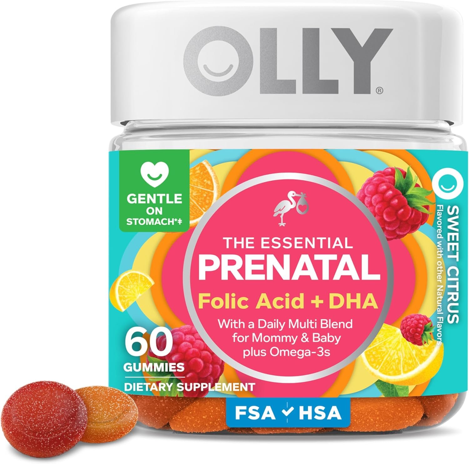 OLLY Prenatal Multivitamin Gummy, Daily Multi Blend for Mommy & Baby, Folic Acid, Omega 3 DHA, Vitamins A & D, Sweet Citrus Flavored, 30 Day Supply – 60 Count
