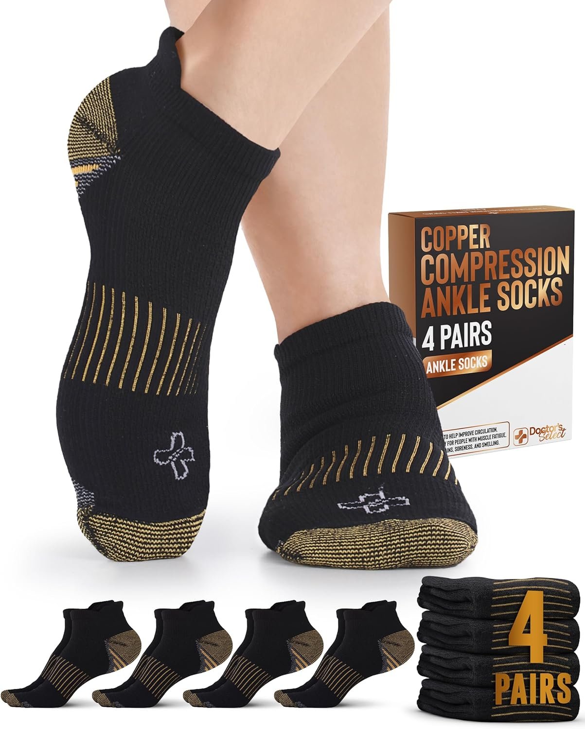 Doctor’s Select Copper Ankle Compression Socks for Women and Men – 4 Pairs | Athletic Running Plantar Fasciitis Socks