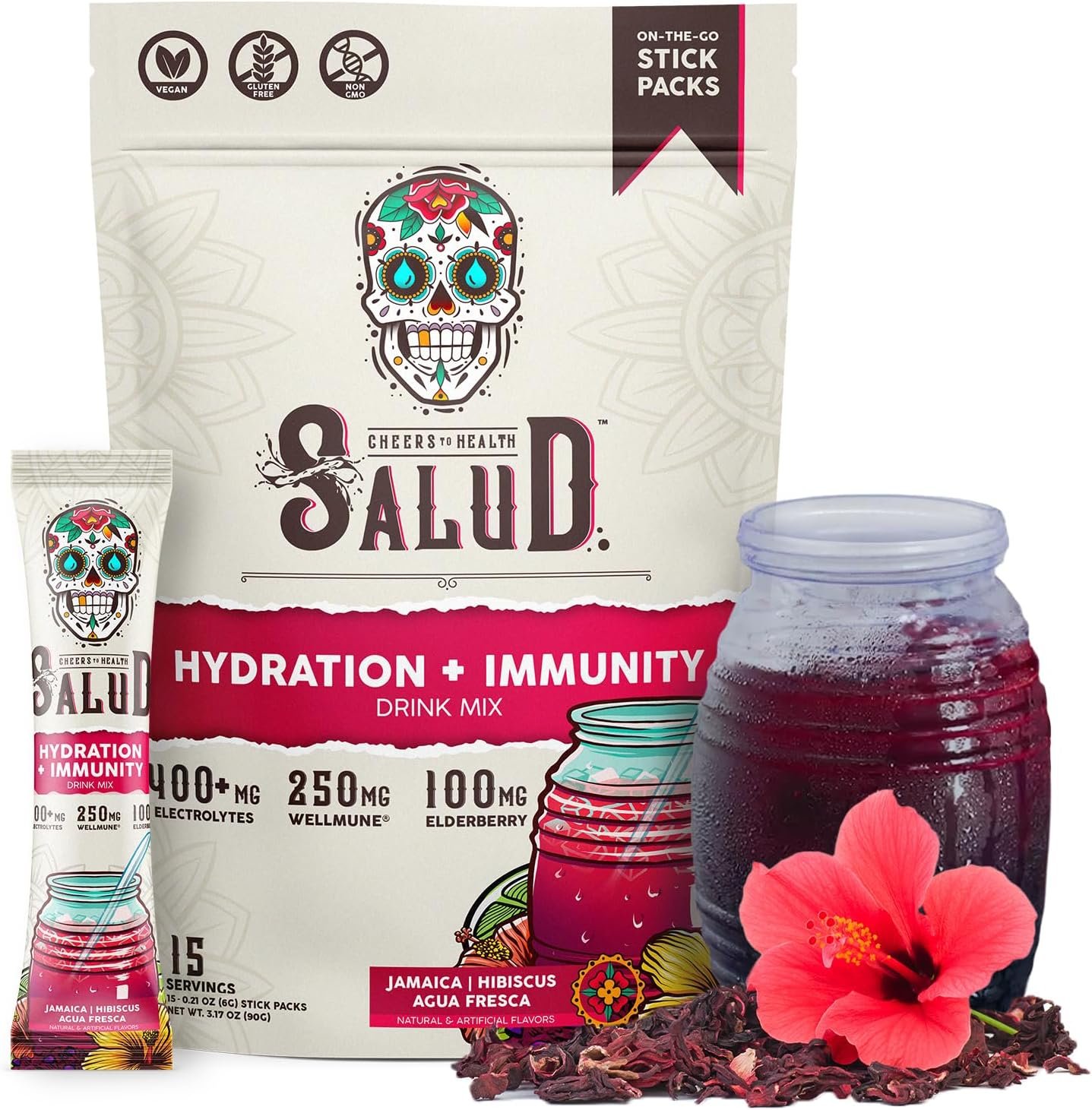 Salud 2-in-1 Hydration Packets + Immunity Electrolytes Powder, Hibiscus – Jamaica Agua Fresca Drink Mix, Elderberry, Dairy & Soy Free, Non-GMO, Gluten Free, Vegan, Low Calorie, 1g Sugar (15 Servings)