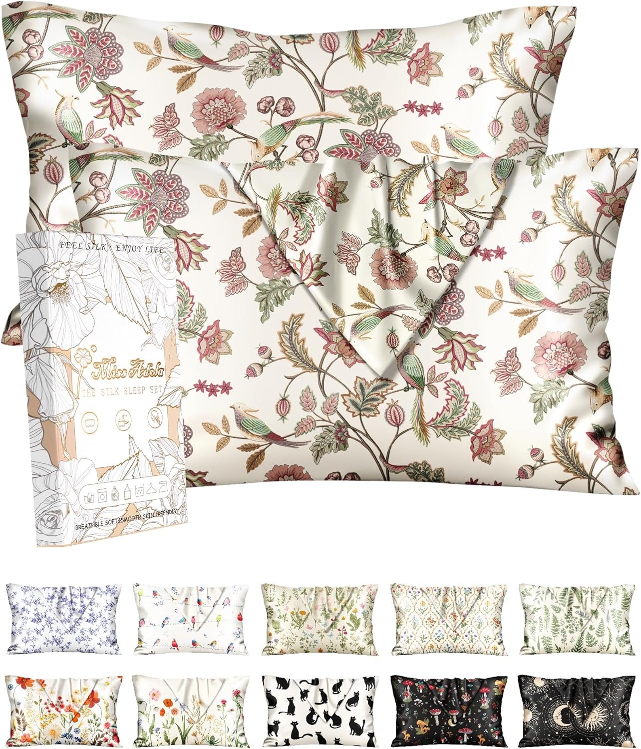 Miss Adola 2 Pack Silk Pillowcase – 20×26 Inch Standard Size Silk Pillow Case with Hidden Zipper for Women Lady Smooth Soft Breathable Cute Design Pillowcase for Hair and Skin, Flower Bird