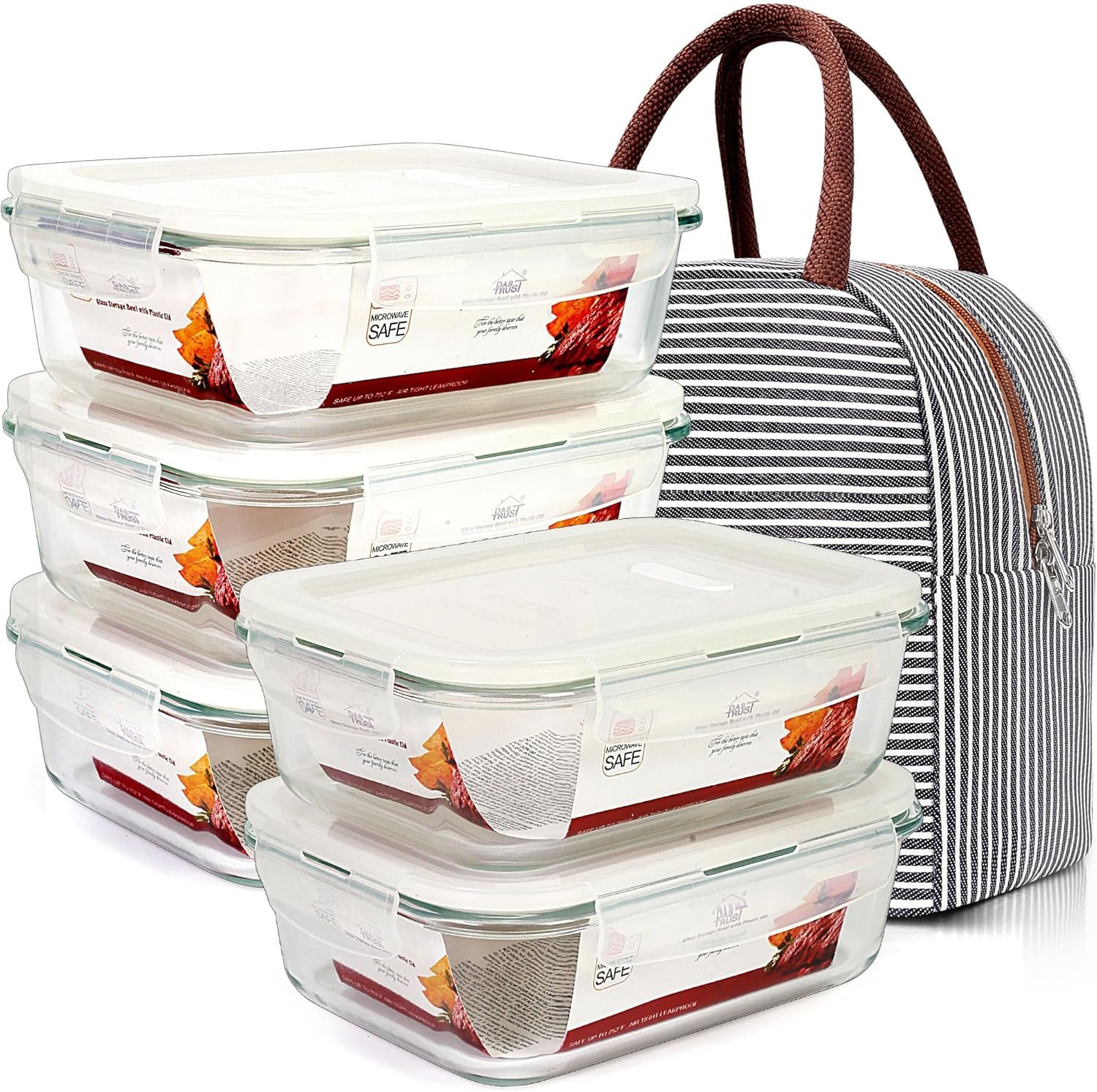 DAS TRUST 5 Pack 36oz Glass Food Storage Containers Meal Prep Containers Reusable Fridge Organizers Lunch Container for Adults Food Storage Containers with Lids Airtight Pizza Storage Salad Container