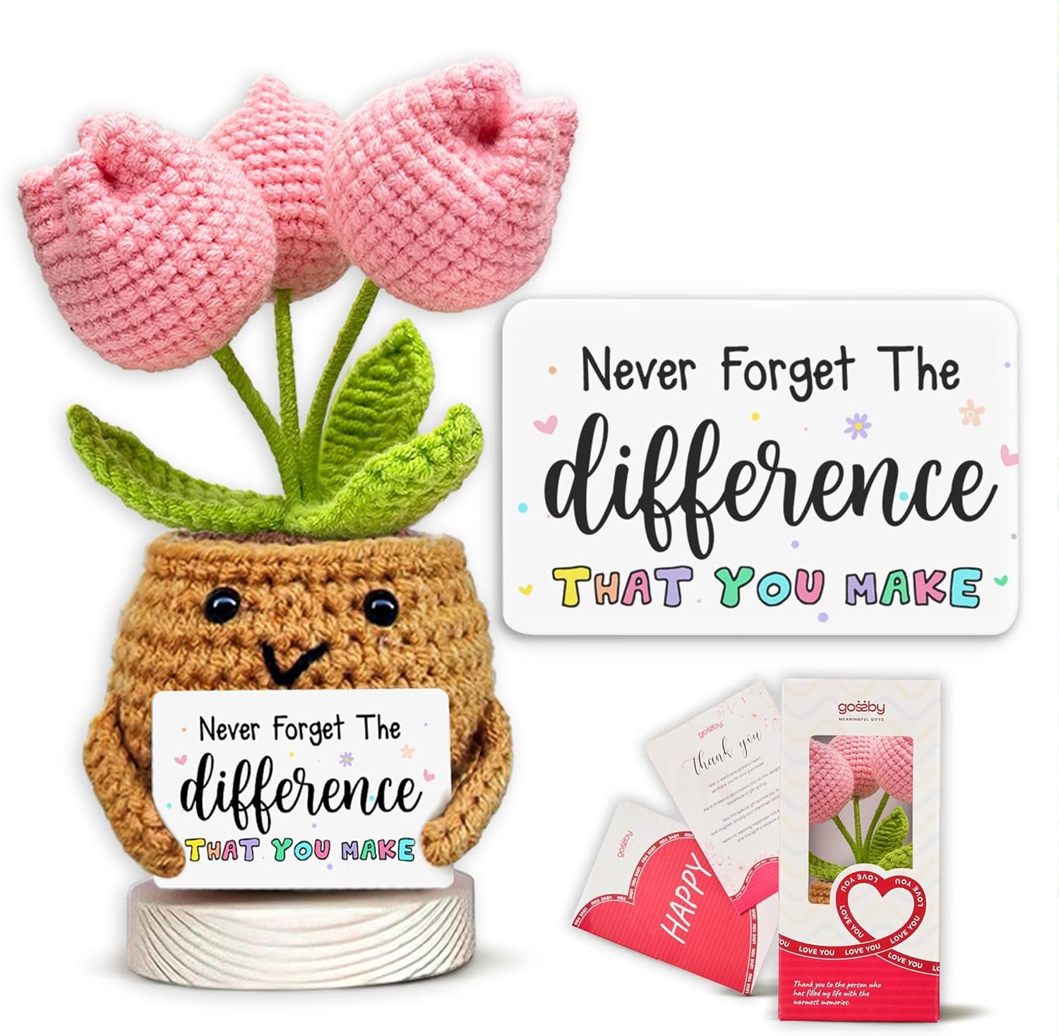 Gossby Handmade Positive Tulip Flower Crochet – Never Forget The Different That You Make – Inspirational Gift for Women – Thank You, Appreciation, Positive Gift for Teacher, Mom, Friend, Coworker