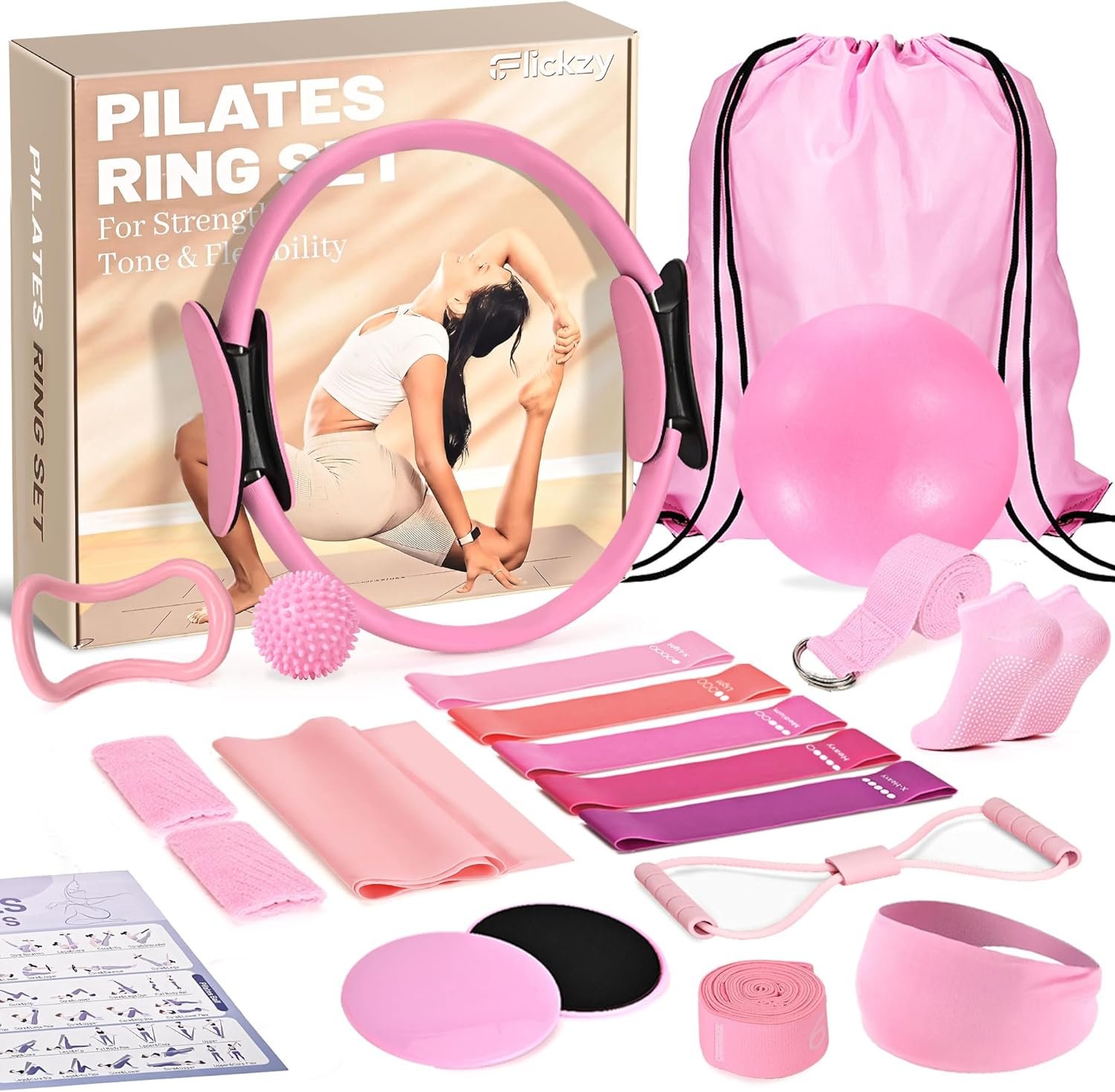 Pilates Ring Set for Women, Pilates Set with Magic Circle,Resistance Bands, Pilates Kit for Home Workout, Pilates Equipment for Strength, Toning and Flexibility(Purple,15pcs)