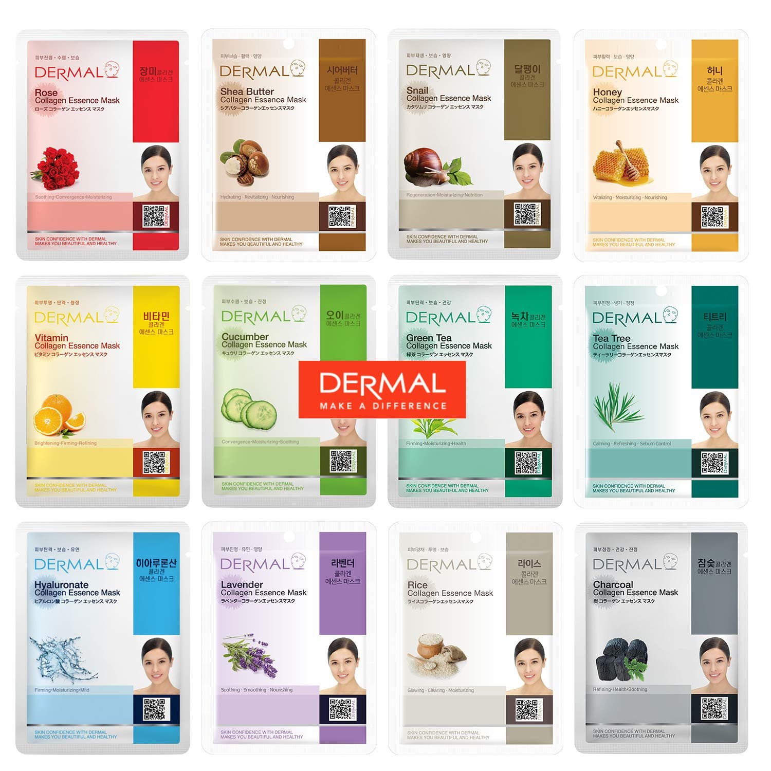 DERMAL 12 Combo Pack Collagen Essence Korean Face Mask Best Value Set – Hydrating & Soothing Facial Mask with Panthenol – Hypoallergenic Sheet Mask for All Skin Types – Natural Home Spa Treatment Mask