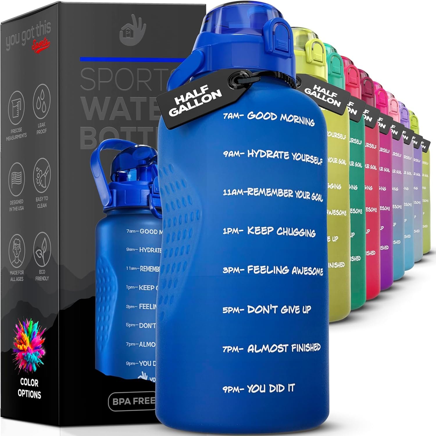Motivational Hydro Water Bottle, 64 oz/2.2L, Flask Water Bottle Hourly Time Marker, Leak Proof BPA FREE Bottle with Straw, Shatterproof,Measurable goals to achieve hydration objective Stylish Hues,BLU