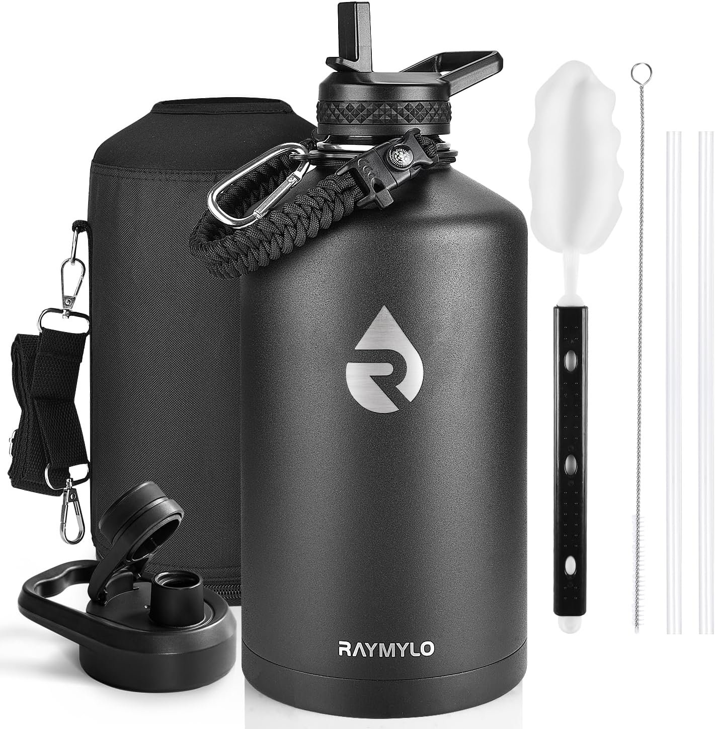 RAYMYLO One Gallon Water Bottle Insulated, Triple Walled Vacuum Stainless Steel (Cold for 48 Hrs), Leak Proof & Non-BPA, Large Water Flask Jug with Paracord Handle & Straw Spout Lids