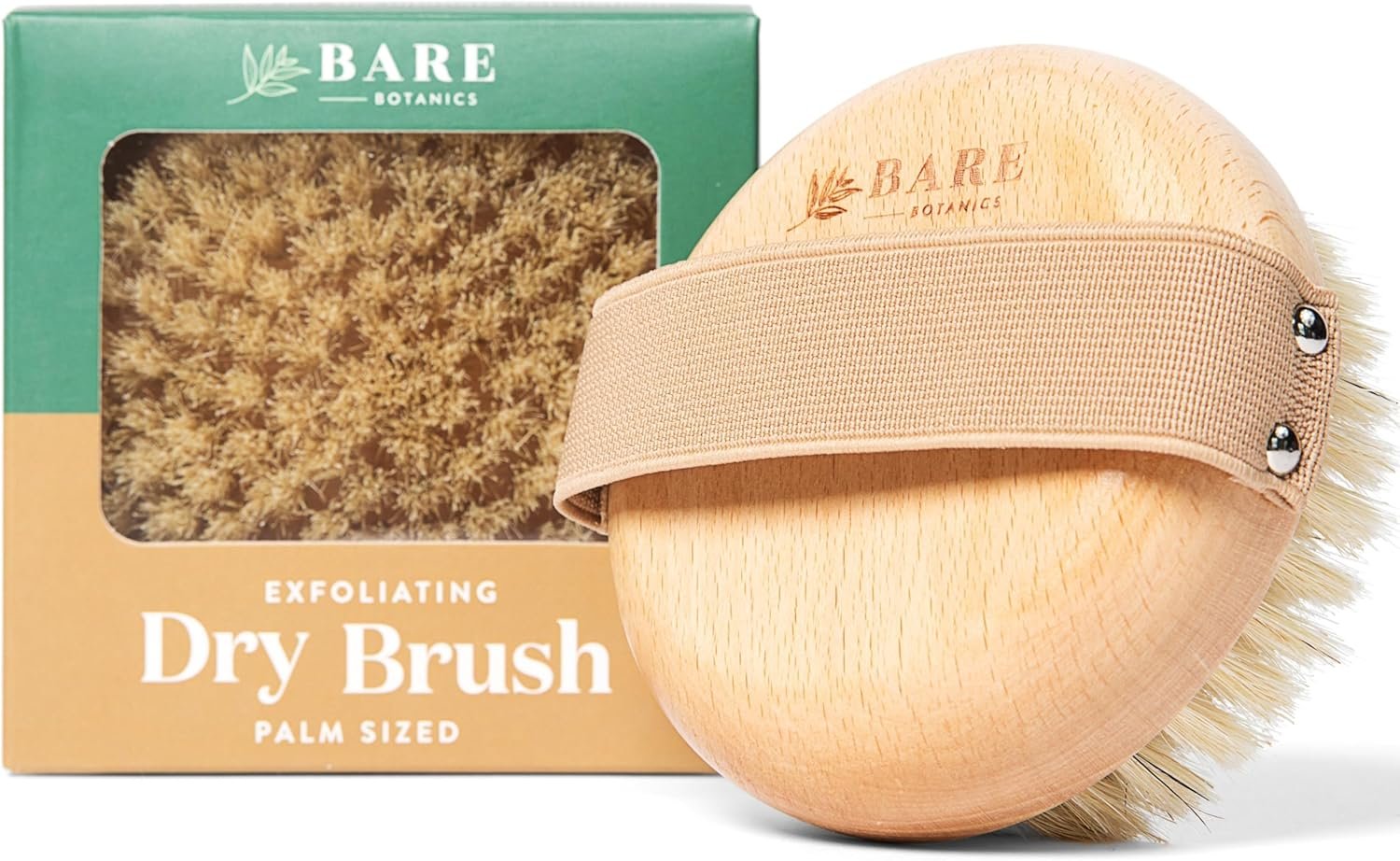 Bare Botanics Dry Body Brush for Lymphatic Drainage – Improve Circulation w/Gentle Exfoliation for Soft Skin – Ergonomically Designed w/Elastic Strap – Soft but Firm Natural Boar Bristles