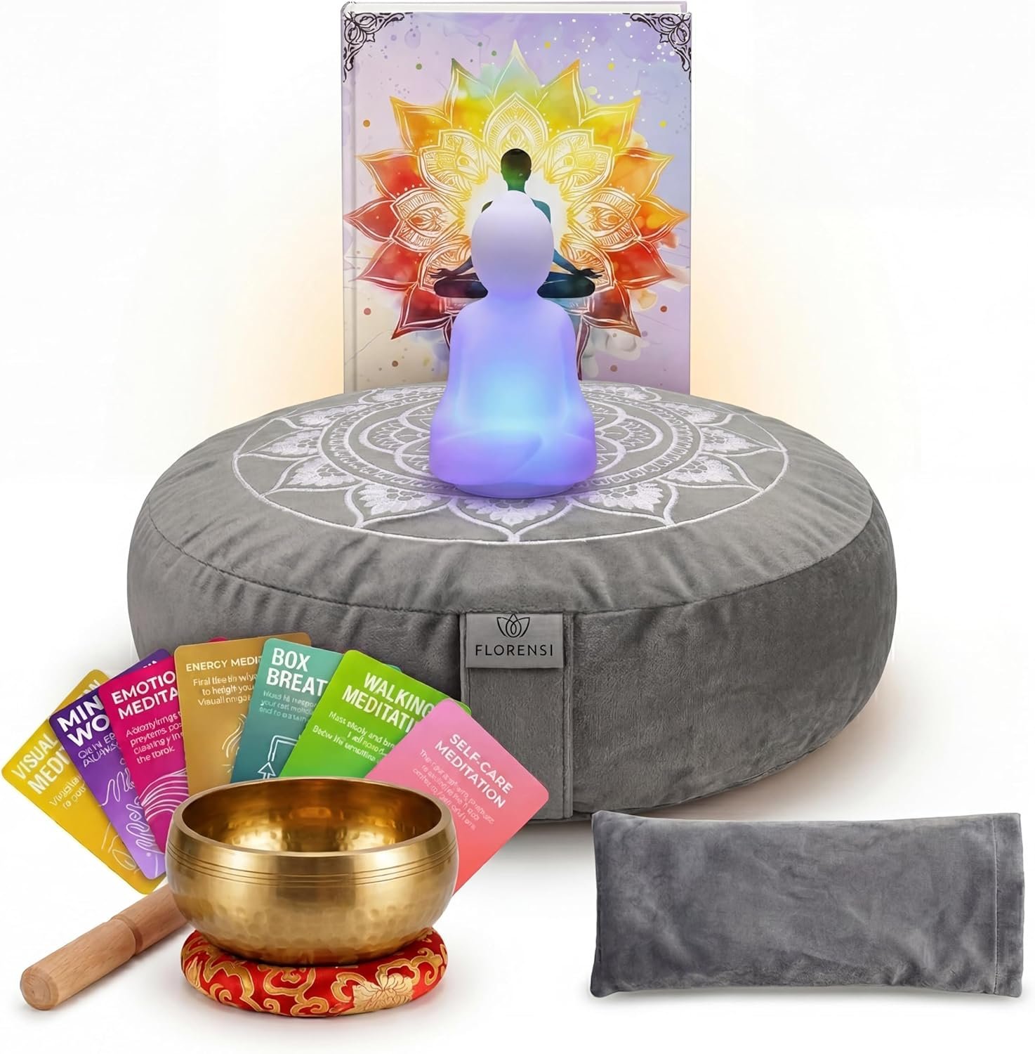 Meditation Cushion Set with Buckwheat Zafu, Breathing Light, Singing Bowl, Eye Pillow & Affirmation Cards – Meditation Kit for Beginners, Mindfulness Gift Set for Stress Relief & Yoga