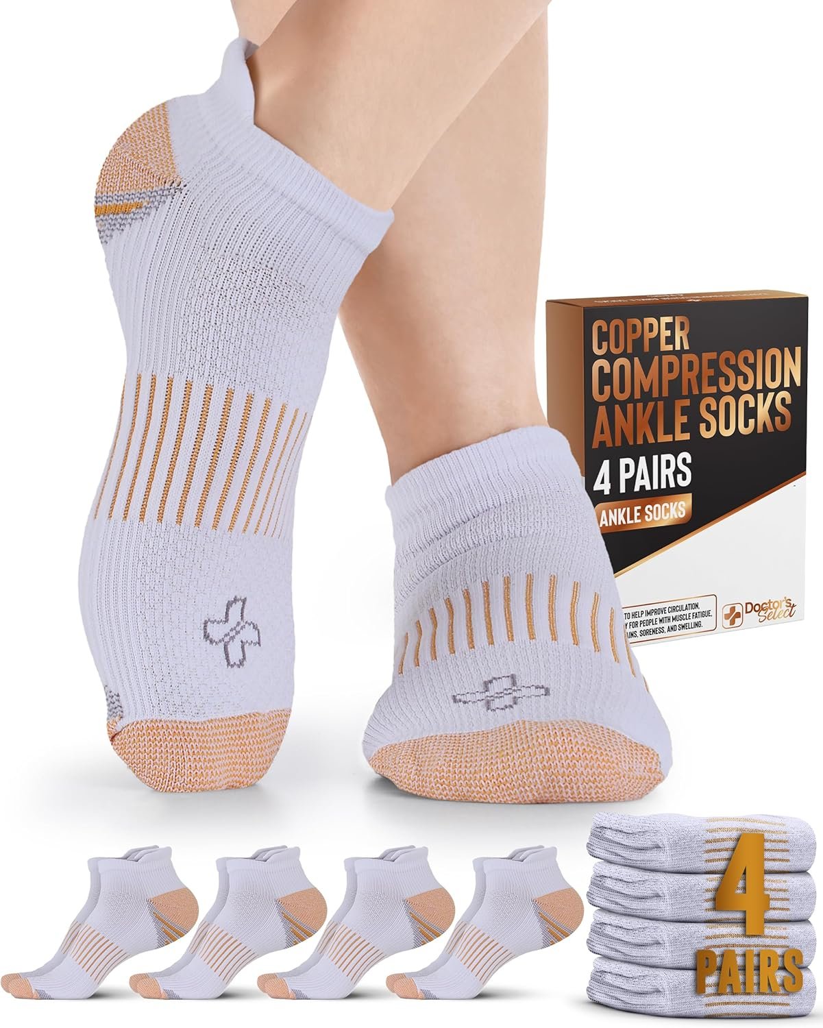 Doctor’s Select Copper Ankle Compression Socks for Women and Men – 4 Pairs | Athletic Running Plantar Fasciitis Socks