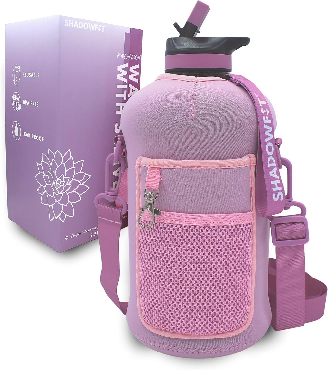 Shadowfit Half Gallon Water Bottles (74 ounce, 2.2 Liter) with Straw Lid Handle and Storage Sleeve – Large Jug Holder with Strap for Drinking during Workout and Exercise