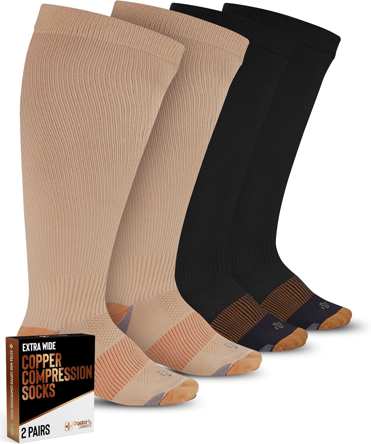 Doctor’s Select Copper Plus Size Compression Socks Wide Calf – 2 Pairs | 20-30mmHg Extra Wide Calf Compression Sock Women |Traveling & Running | Tan /cppr-6XL