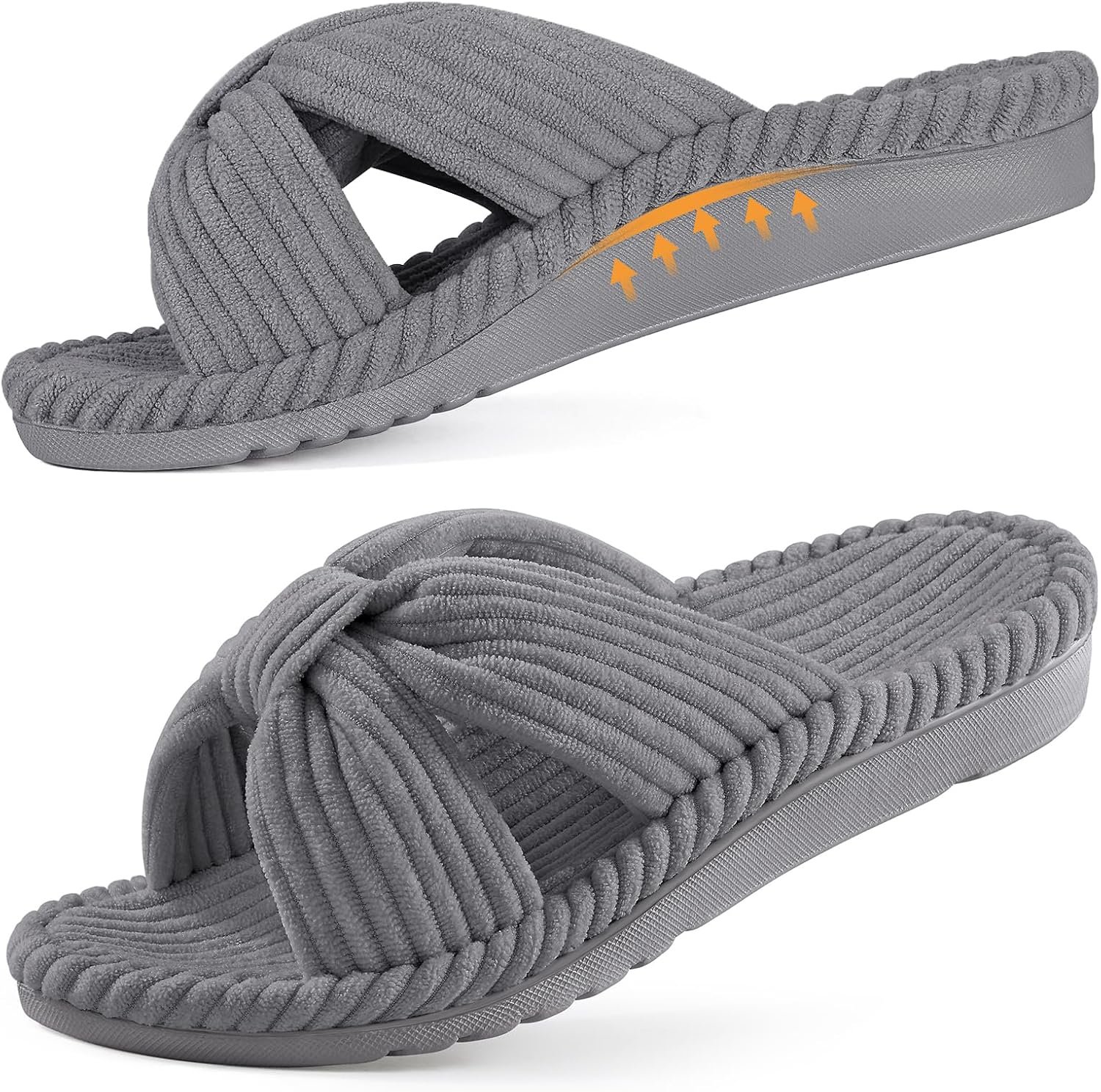 Litfun Orthopedic Arch Support Slippers for Women Comfortable Open Toe Indoor House Slippers Corduroy Cross Bow Bedroom Shoes for Plantar Fasciitis