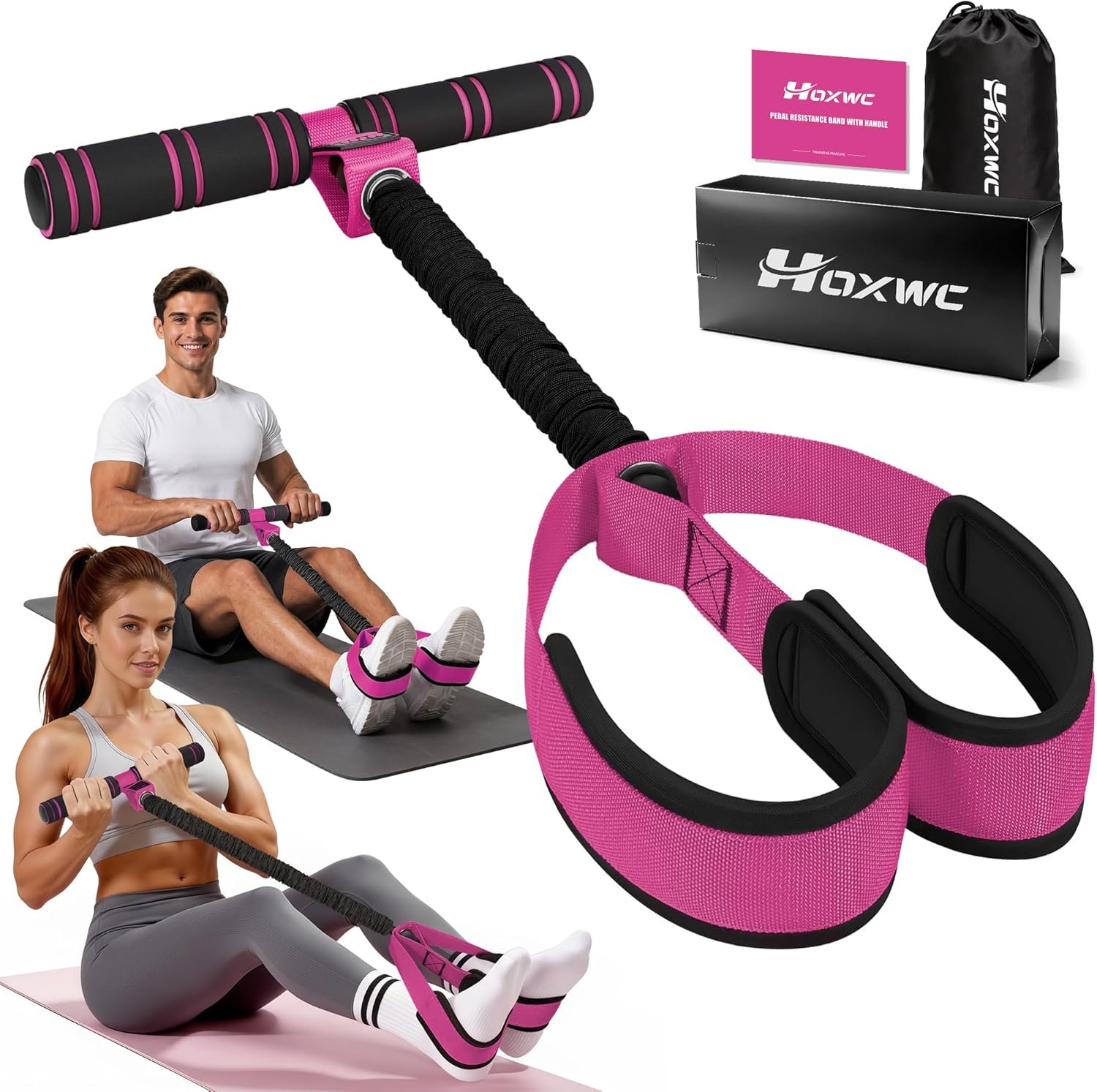 HOXWC Upgraded Multifunction Pedal Resistance Band with Handle, 50LBS Thickened Resistance Bands for Core/ABS, Arm, Waist, Abdomen, Leg Workout, Portable Sit Up Exercise Equipment for Women