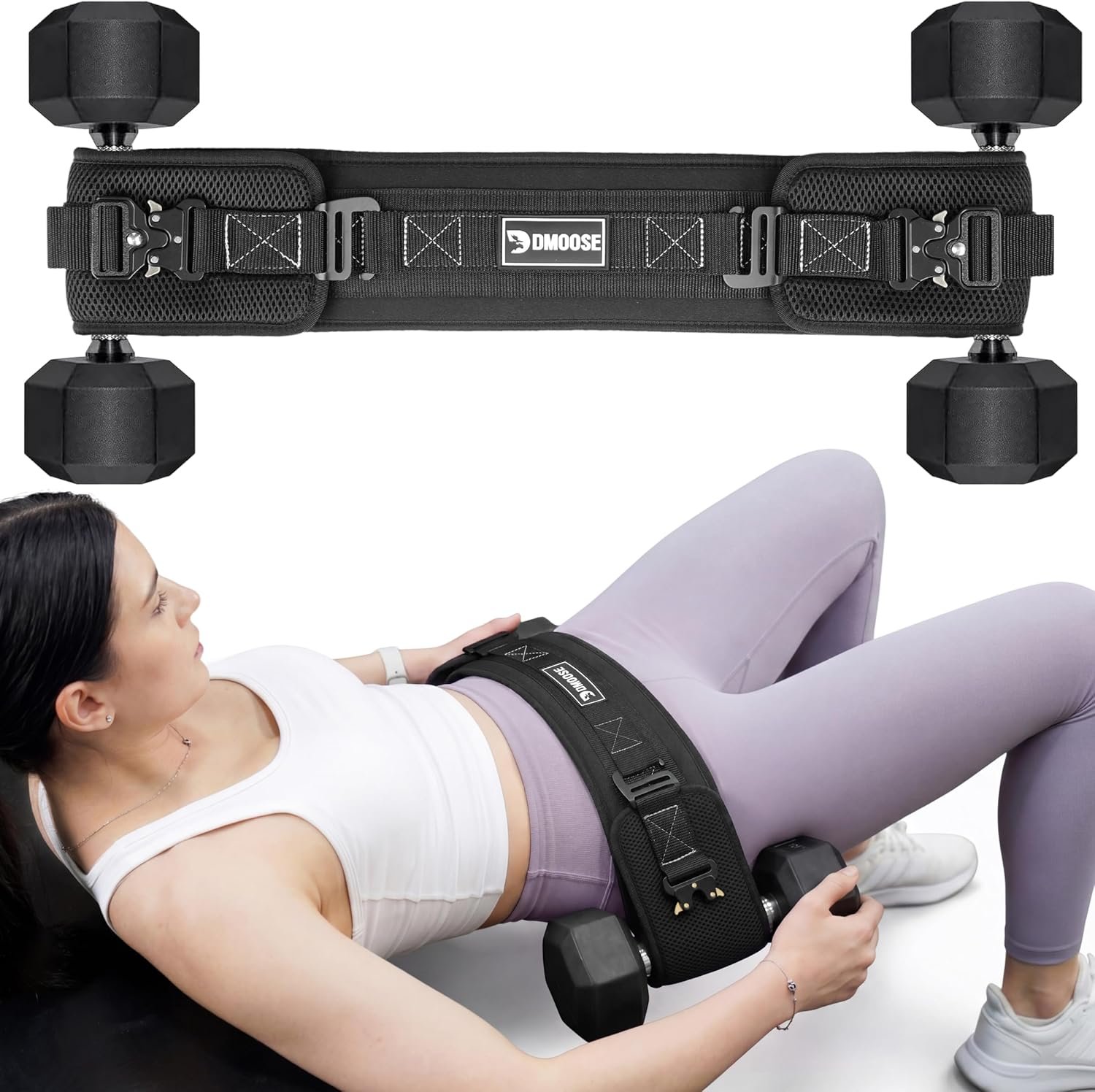 DMoose Fitness Hip Thrust Belt – Dual-Strap Glute Builder for Dumbbells, Plates, Kettlebells (Supports up to 700 lbs) – Comfortable Padded Booty Belt for Home & Gym