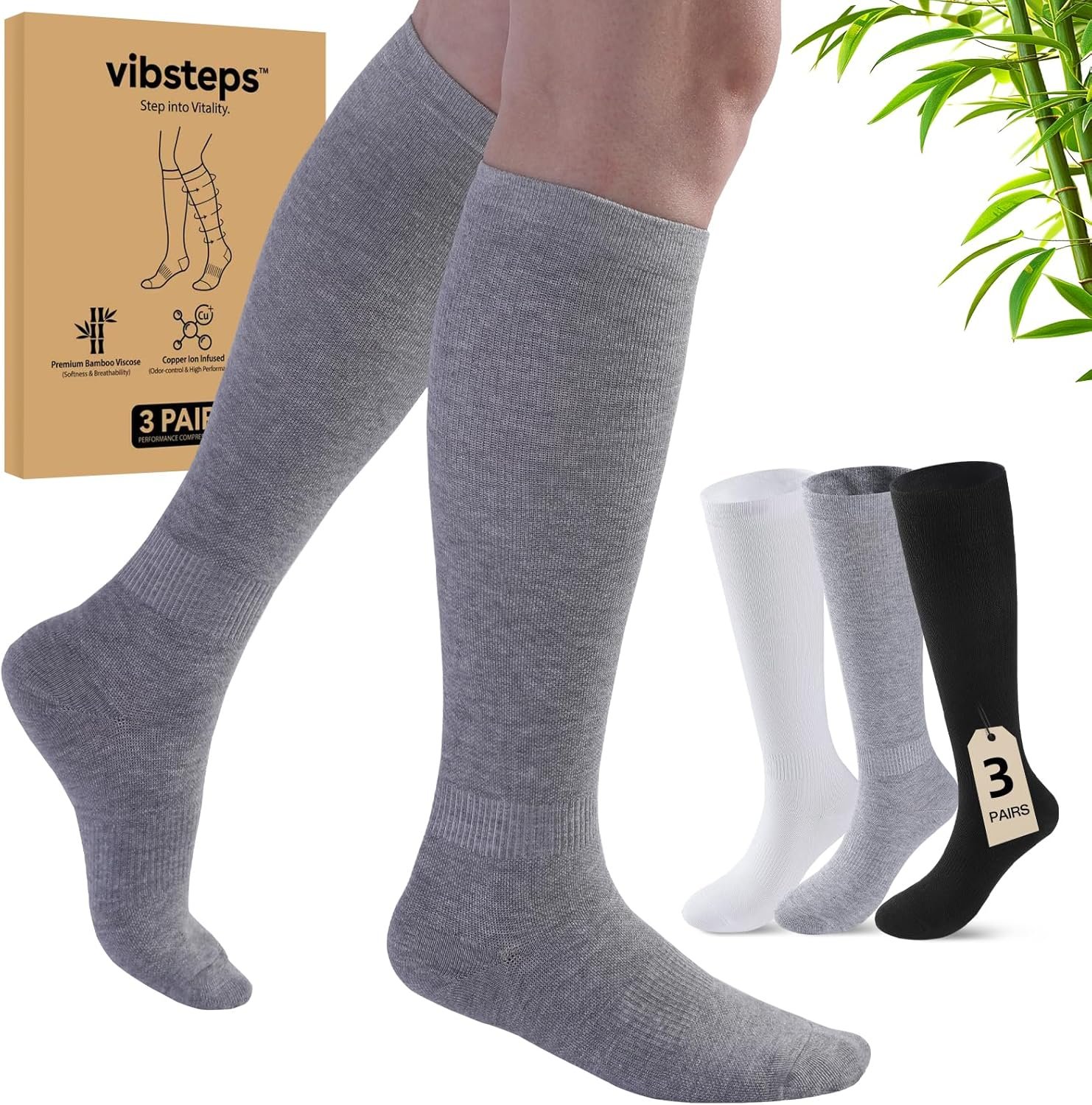 3 Pairs Bamboo Viscose & Copper Compression Socks for Men Women, Soft Knee High Support for Running, Travel & Work