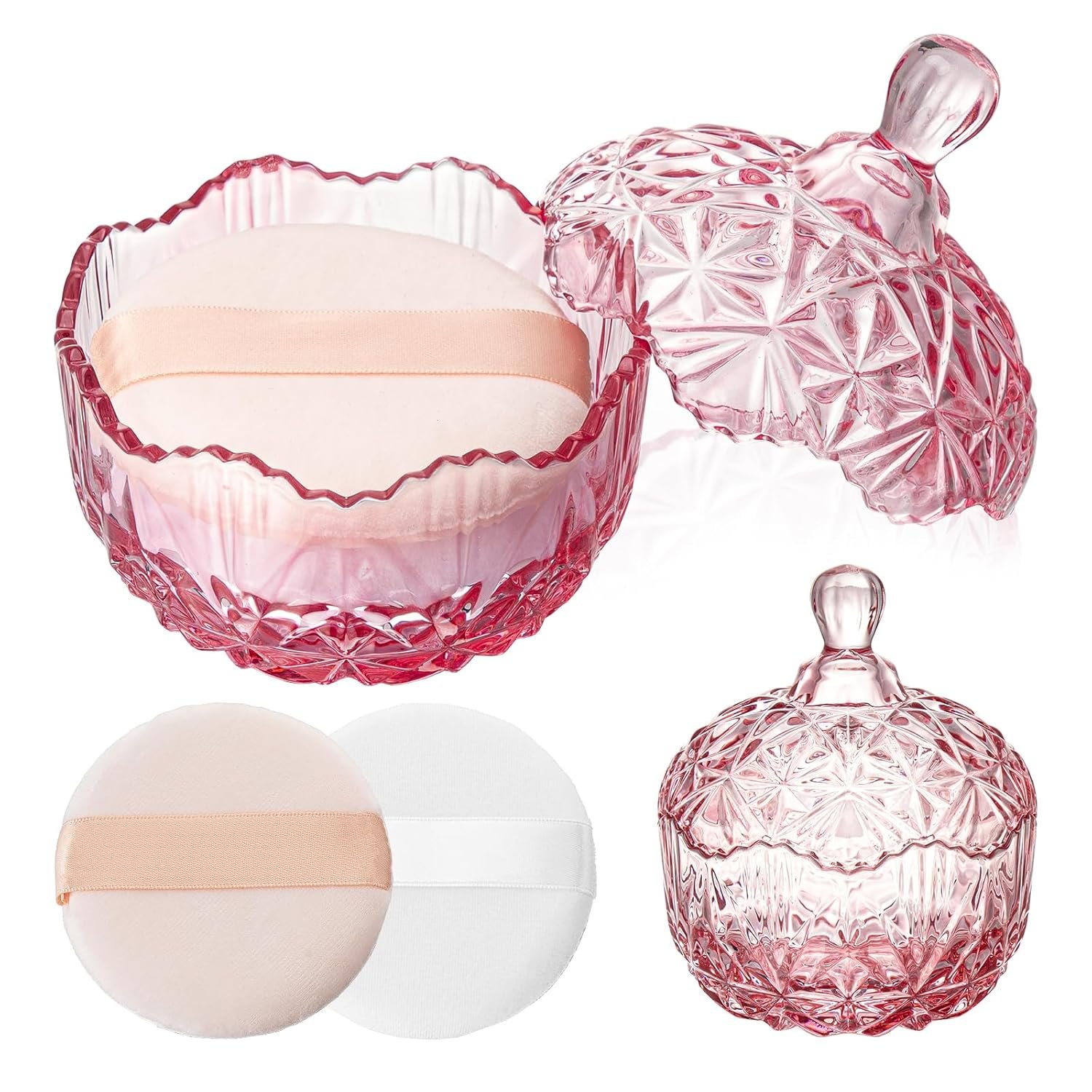 3 Pcs Large Body Powder Puff and Container, Glass Dusting Powder Container with Puff, Soft Velour Washable Powder Puff and Container for Women (Pink Diamond)
