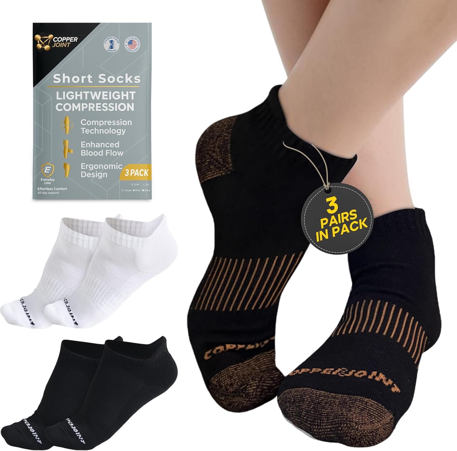 CopperJoint Low Cut Ankle Compression Socks 3 Pairs, Breathable Moisture Wicking for Sports & Daily Use