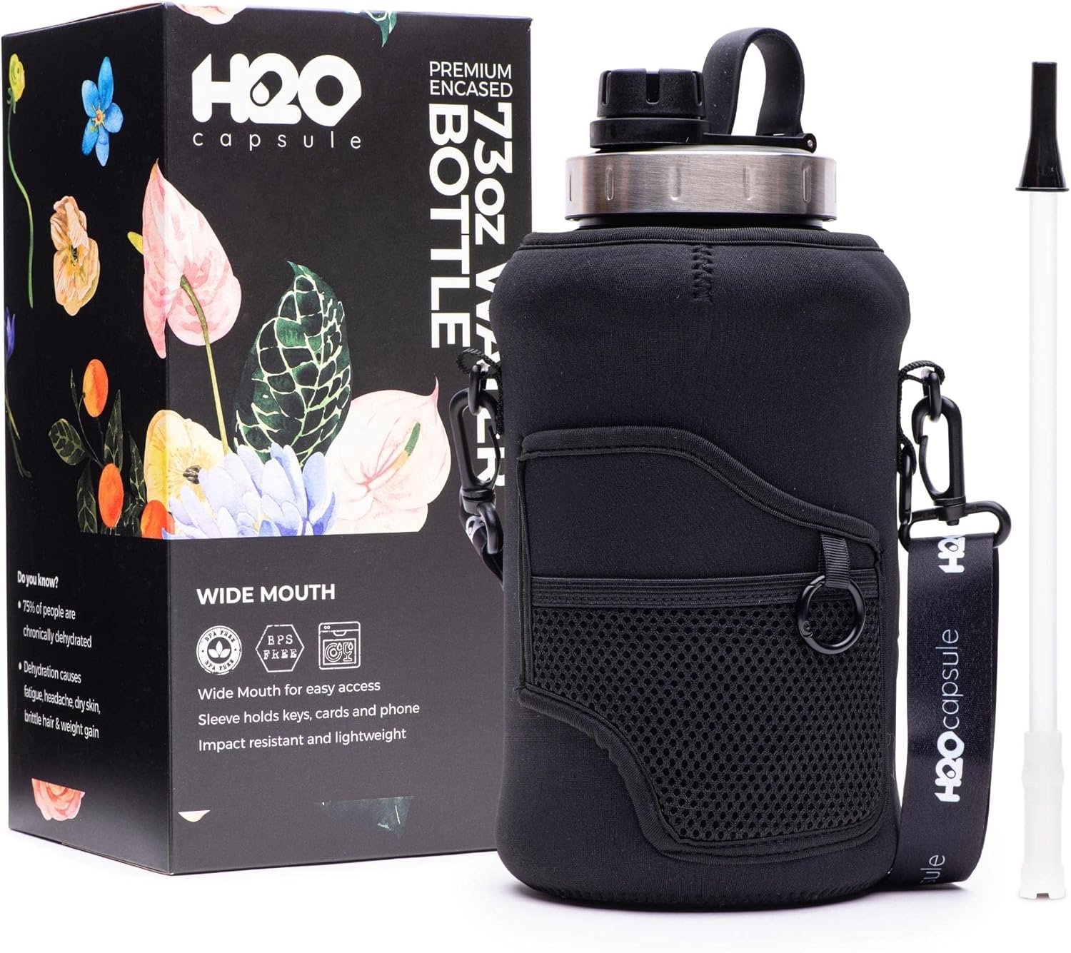 H2O Capsule 2.2L Half Gallon Wide Mouth Water Bottle with Storage Sleeve and Removable Straw – Hydration Tracker Jug with Measurements Marked – Shatterproof BPA-Free, (Jet Black)