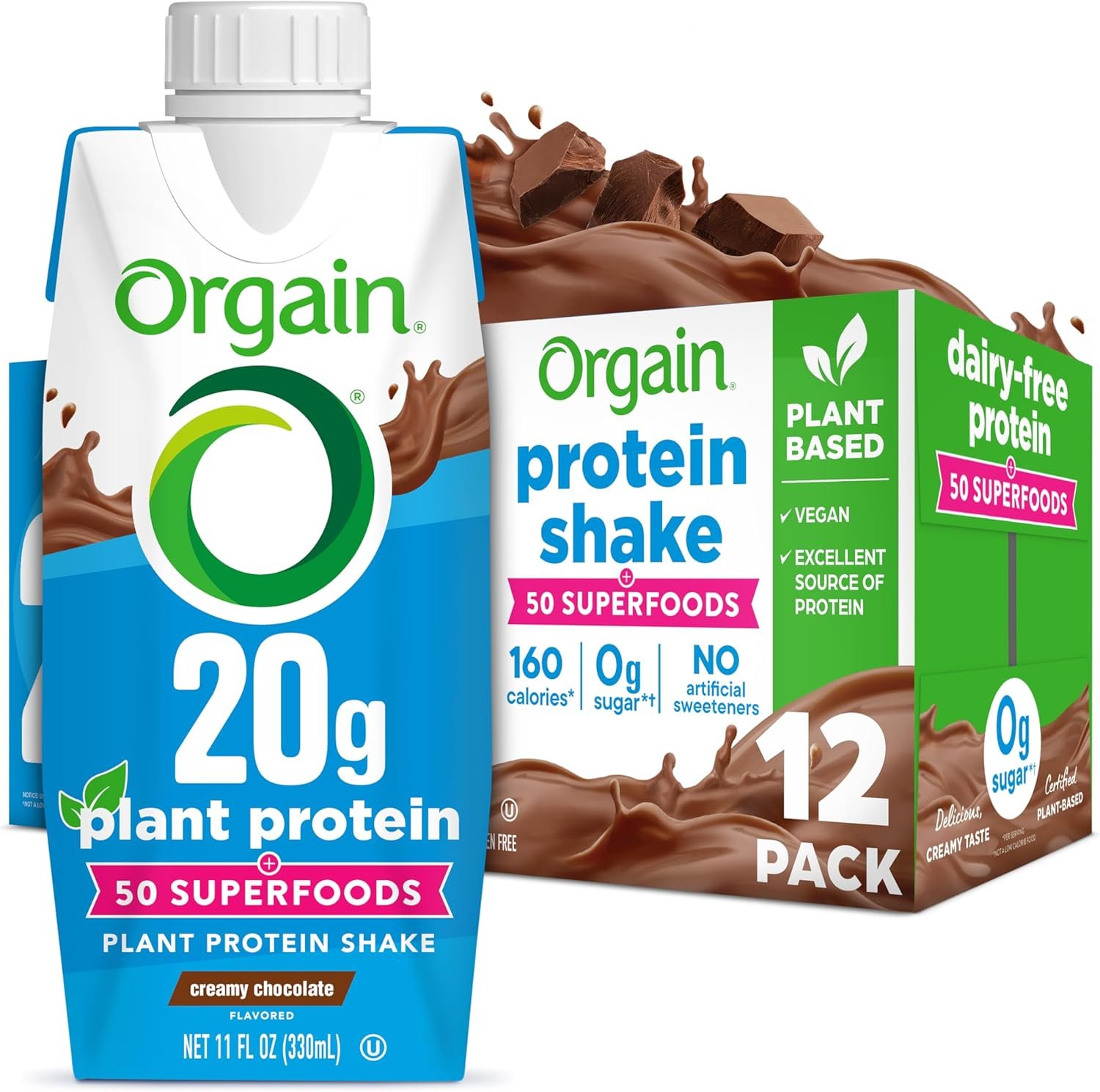 Orgain Vegan Protein Shake, Creamy Chocolate – 20g Plant Protein, Ready to Drink, 50 Superfoods, 0g Sugar, Gluten Free, No Artificial Sweeteners, No Soy or Dairy Ingredients, 11 Fl Oz (Pack of 12)