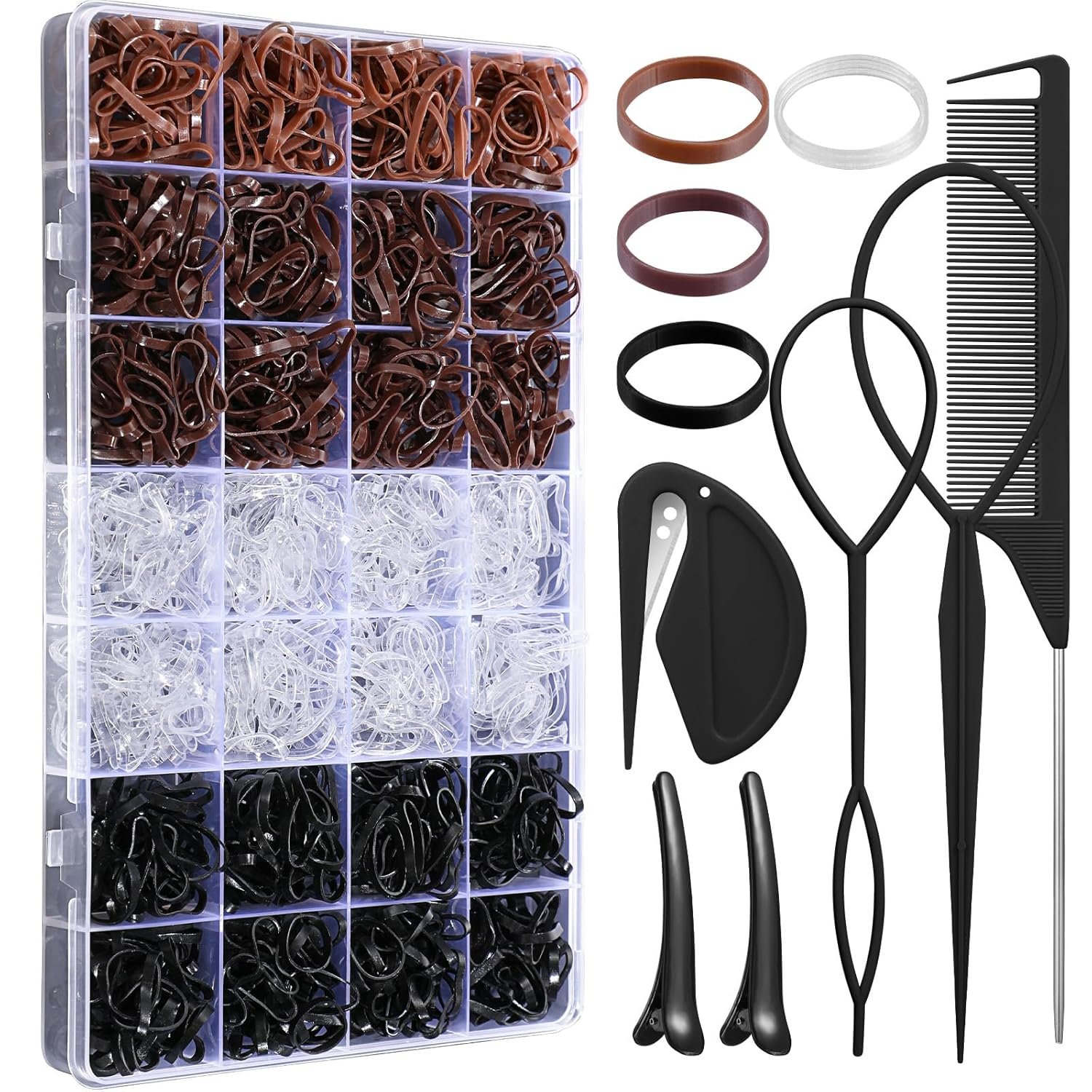 1500 Pcs Hair Bands in 4 Natural Colors – Rubber Hair Ties with Organizer Box and 6 Styling Tools for Women, Girls, Kids