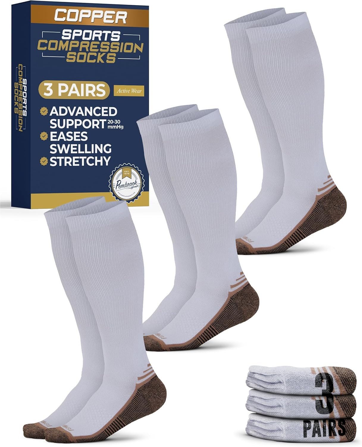 Pembrook 3 Pairs Copper Mens Compression Socks 20-30 mmHg, Running, Hiking, Athletic Cycling, Travel | Circulation Support