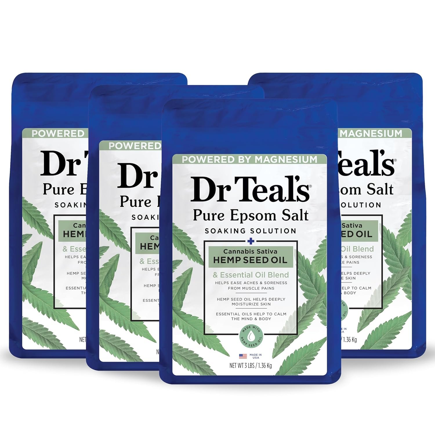 Dr Teal’s Pure Epsom Salt, Cannabis Sativa Hemp Seed Oil, 3 lb (Pack of 4)