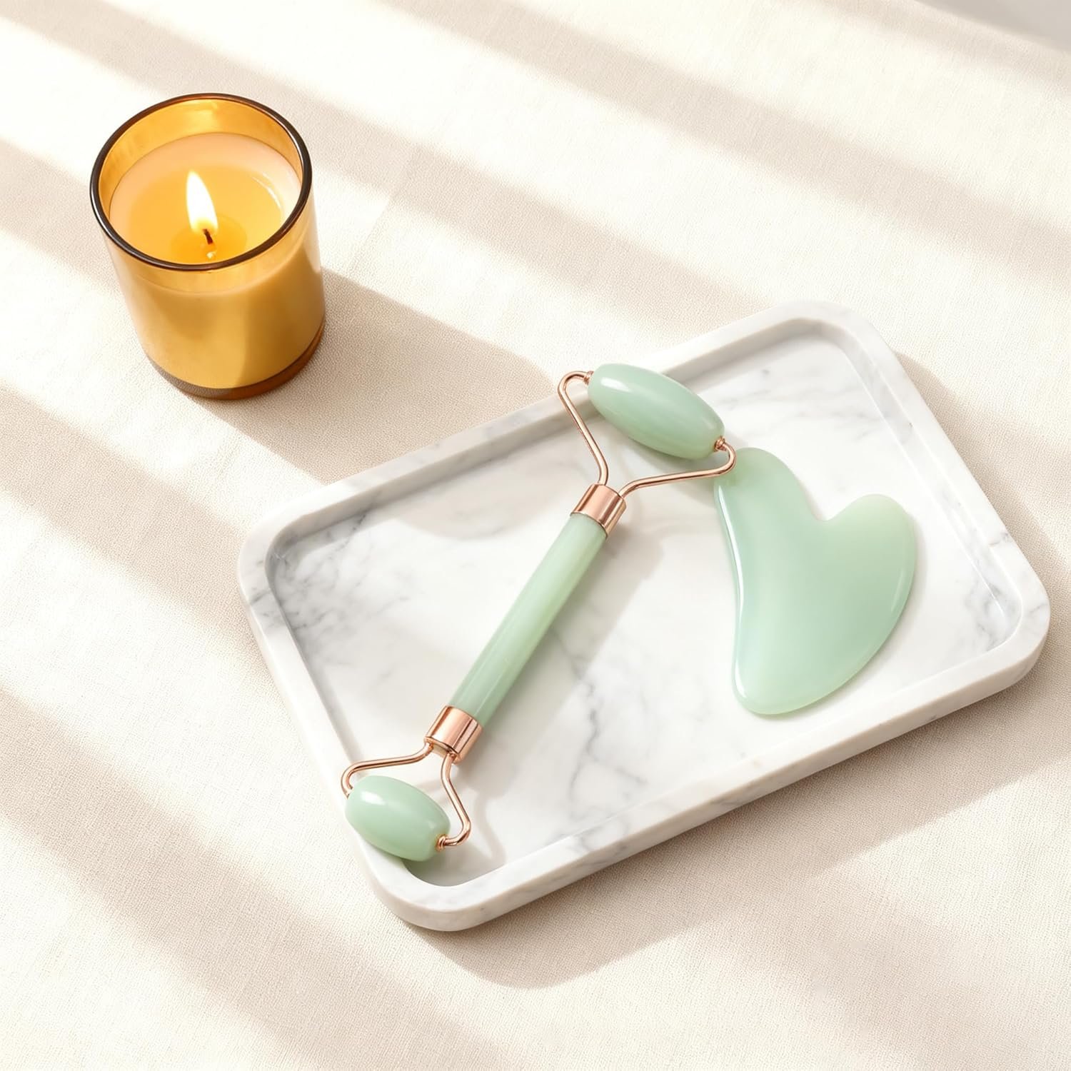 Green Resin Facial Gua Sha & Roller Tool Set – Puffiness & Redness Reducing Skin Care Kit, Self Care Gift for Men Women