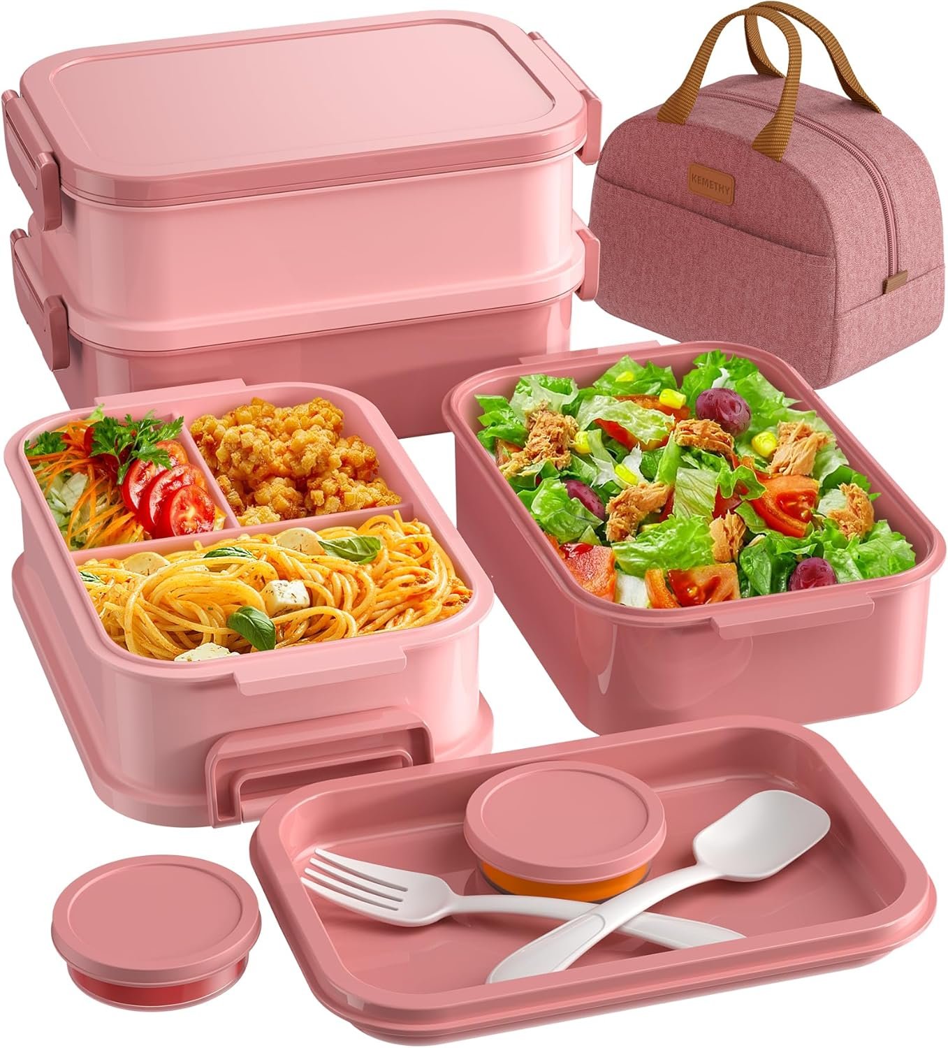 KEMETHY Adults Bento Lunch Box Set with Thermo Bag, 74oz Stackable Leak-proof 3-tiers Bento Box, Built-in Utensil and Sauce Container for Work, School, Dining Out (Pink)