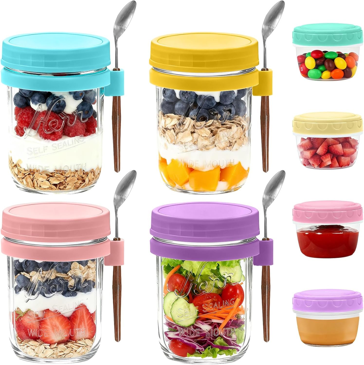 Overnight Oats Containers with Lids, 4-pack Overnight Oats Jars with Spoons and Small Containers, 16oz Glass Mason Jar with Airtight Lid, Chia Pudding Jars Yogurt Containers with Lids, Gifts for Women