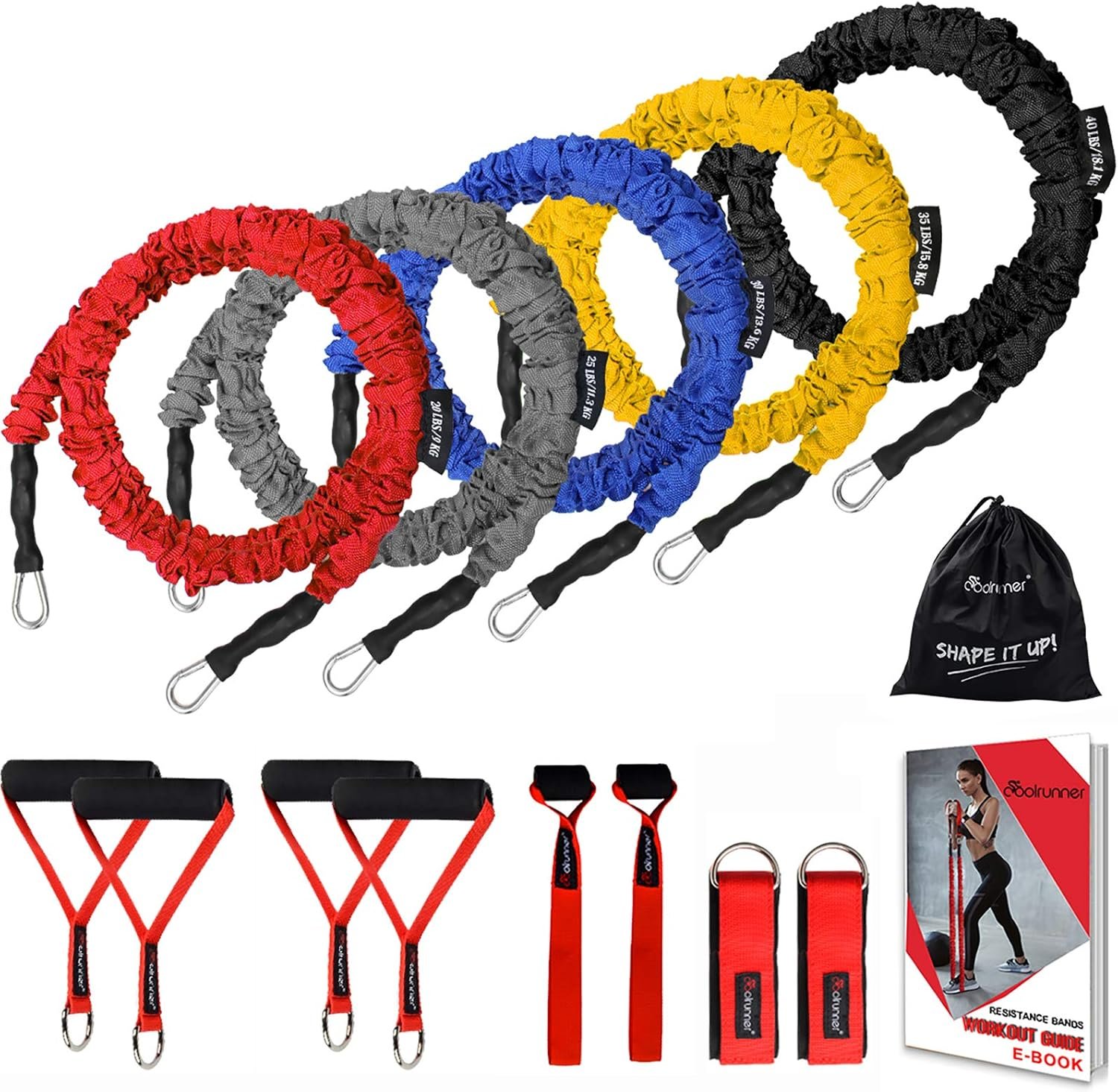 Coolrunner 14 PCS Resistance Bands Set, Exercise Tubes, 20lbs to 40lbs Workout Bands with Handles Protective Nylon Sleeves Door Anchor Ankle Strap, Elastic Exercise Bands for Men Women – up to 150lbs
