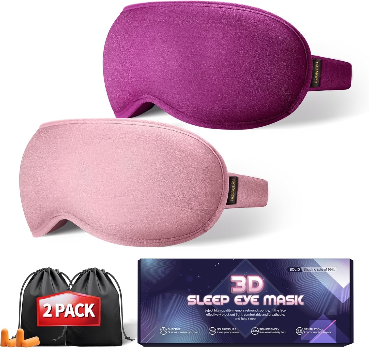 Weighted Eye Mask for Sleeping 2 Pack – 3D Contoured Sleep Masks for Women Men, Blackout Eye Mask for Travel, Meditation, Airplane, Memory Foam, Adjustable Strap Purple Pink