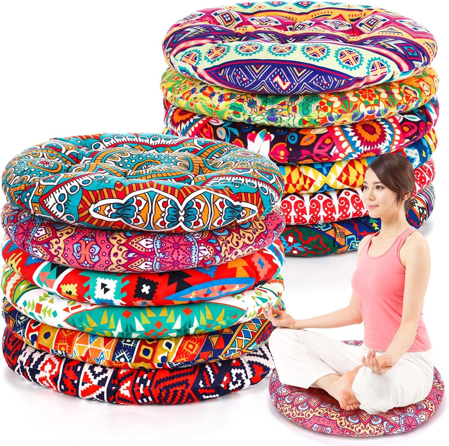 Nuogo 12 Pcs Bohemian Floor Cushions Bulk 15 Inch Boho Floor Sitting Meditation Pillows Yoga Mandala Meditation Pouf for Living Room Balcony Office Tatami(Round)