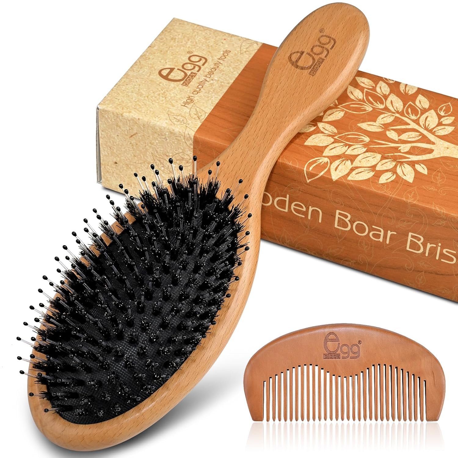 BLACK EGG Boar Bristle Brush for Wet/Dry Hair – Smoothing, Massaging, Detangling, Reduce Frizz, Restore Shine – Bamboo Brush for Women, Men, Kids