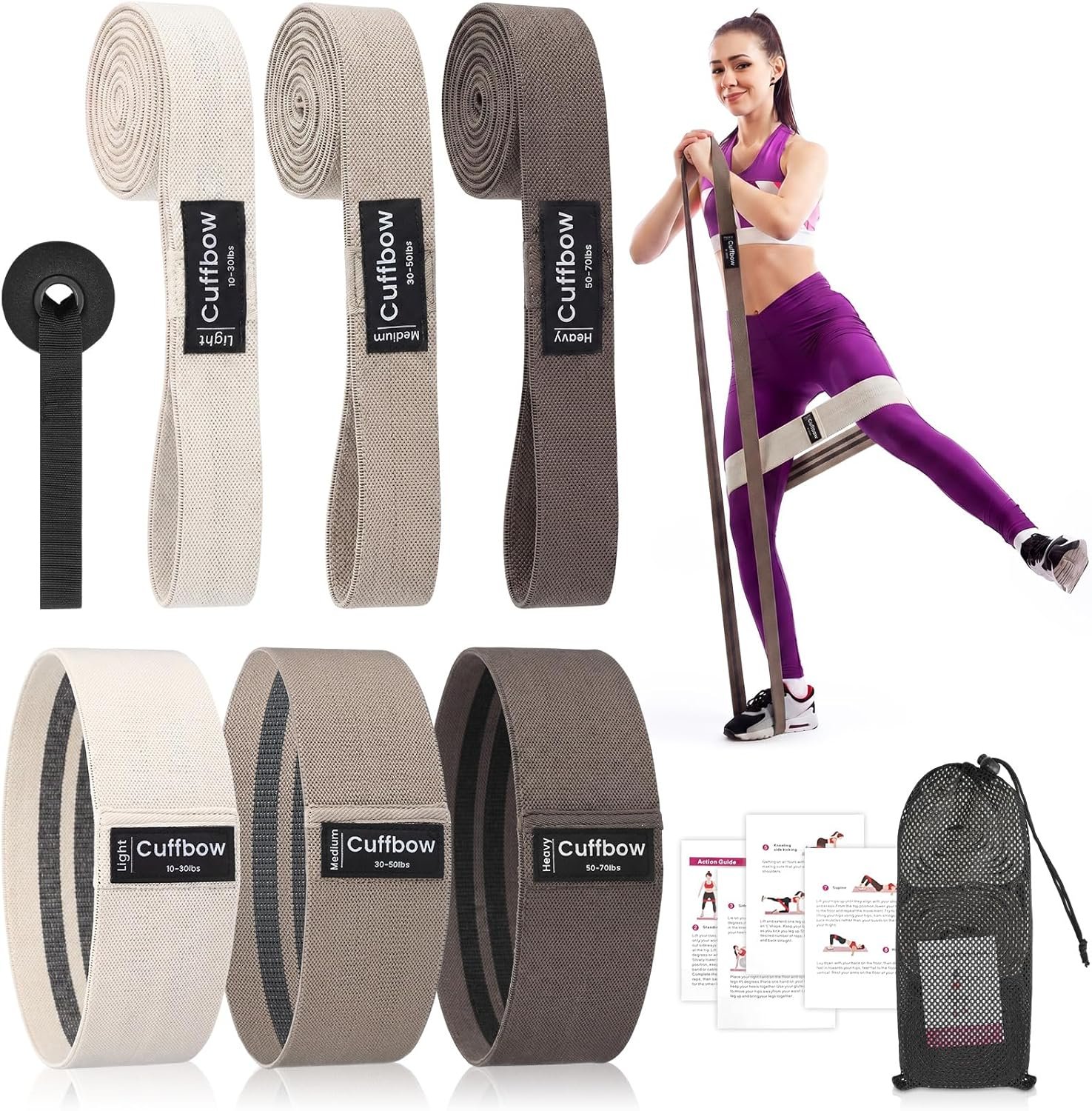 Cuffbow 6 Pcs Fabric Resistance Bands for Working Out, Non-Slip Exercise Bands for Women and Men, 3 Levels Long and Short Fabric Booty Band with Door Anchor for Home, Fitness, Pilates, Stretching