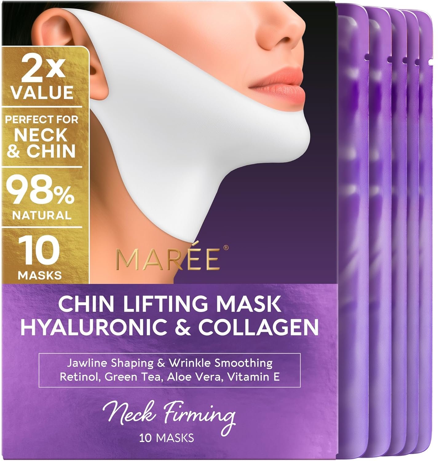 MAREE V Line Lifting Mask with Hyaluronic Acid – Deep Collagen Face Mask for Women – Jawline Shaper Facial Masks with Retinol – Tightening & Firming Neck Lift Tape – Double Chin Strap for Face Lift