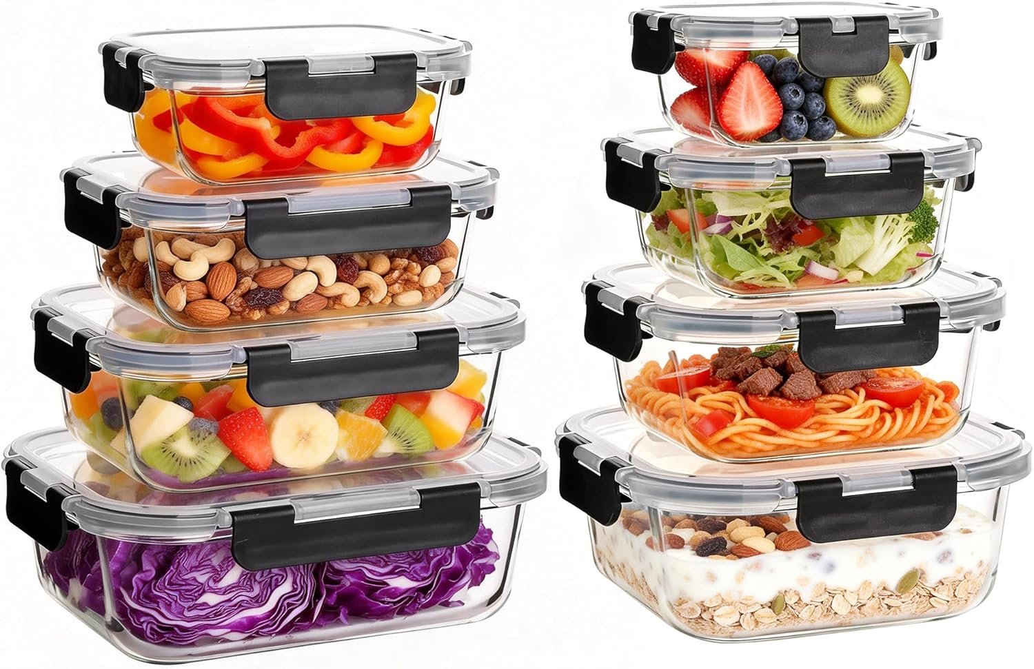 8 Pack Glass Meal Prep Containers with Lids, Extra Thick Airtight Food Storage Set (310ml-1510ml/10.5oz–51oz), Leakproof Lunch Boxes for Leftovers