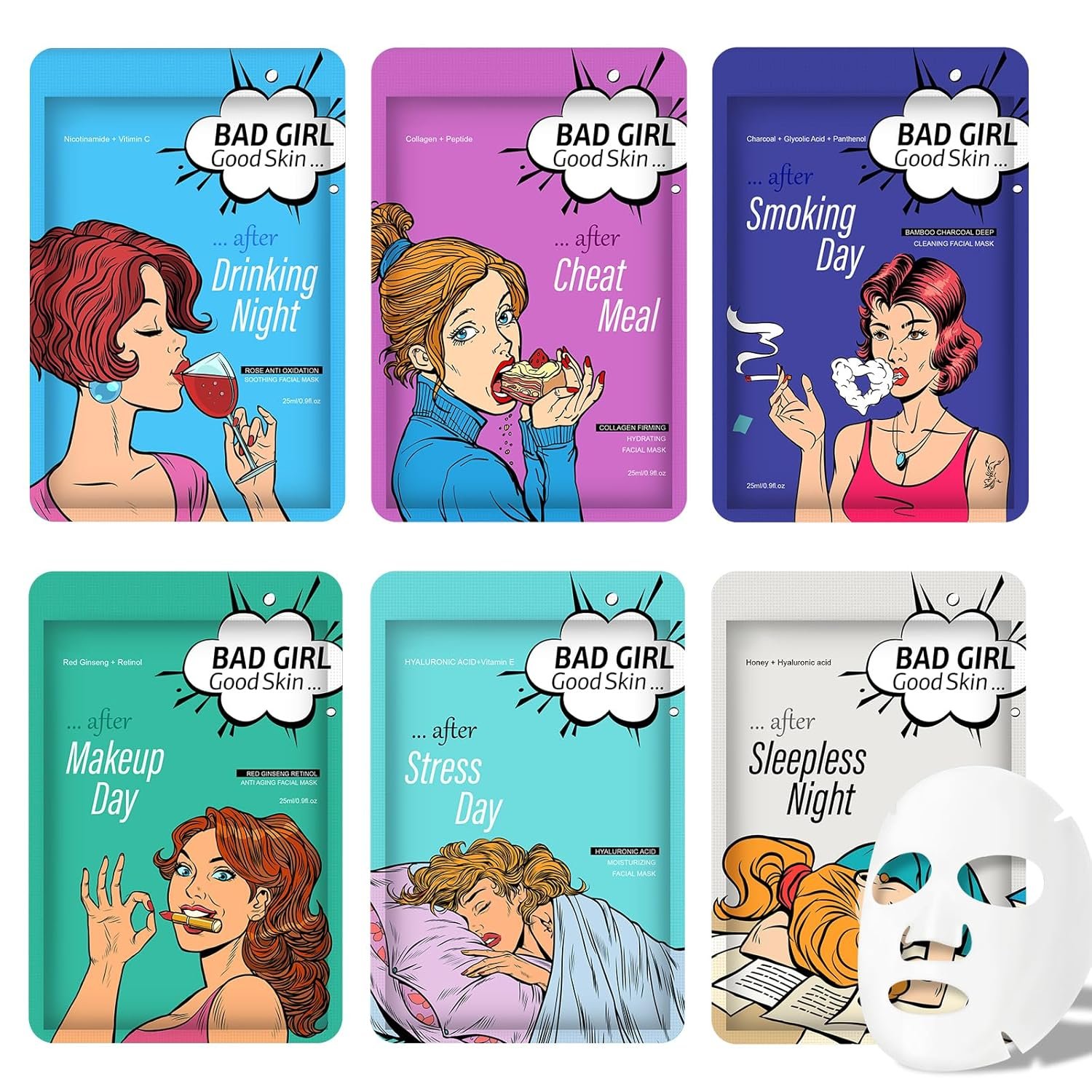 Face Masks Skincare Set for Bad Girl,Moisturizing Collagen Facial Masks for Women Home Spa,Hydrating Hyaluronic Acid Face Mask for All Skin Types,Deep Cleaning,Oil Contral(6Pack)