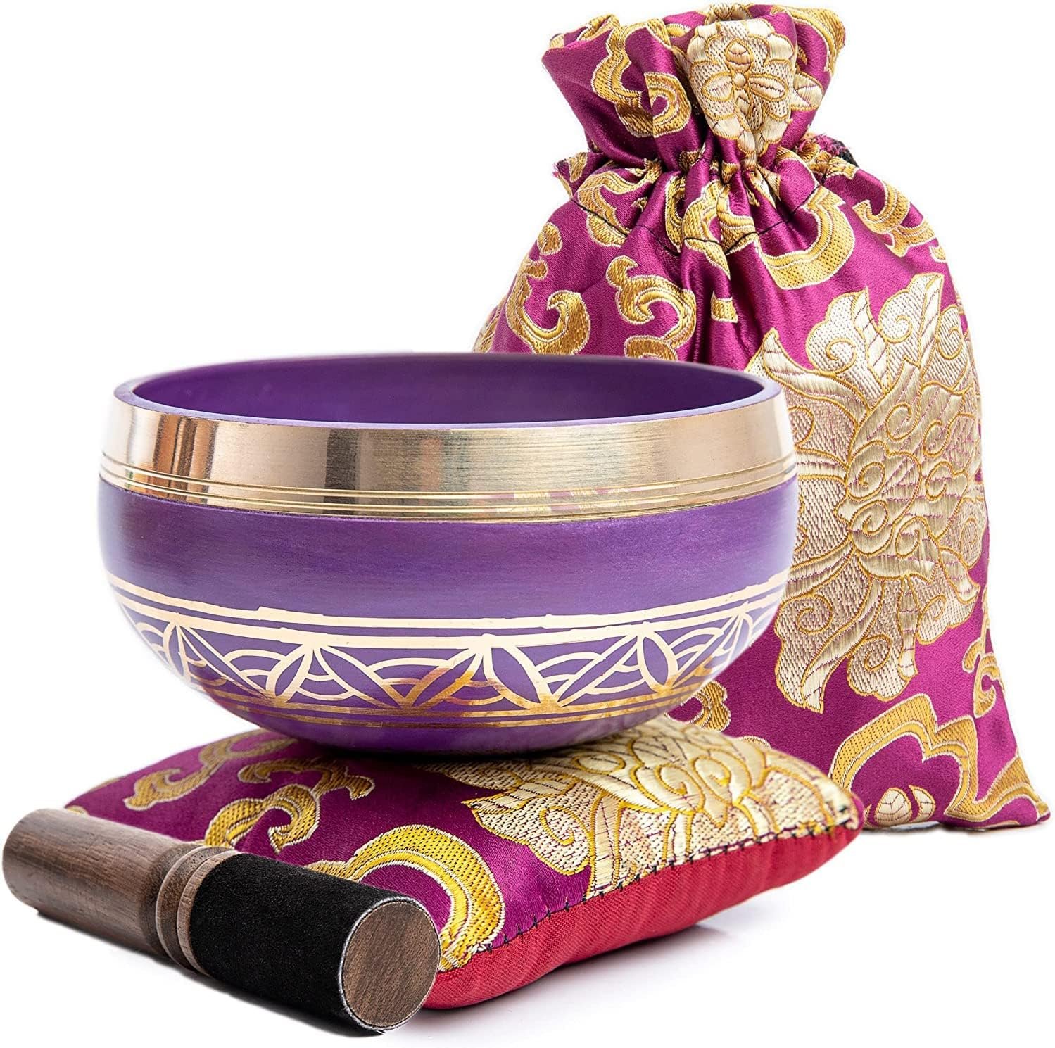 Tibetan Singing Bowl Set – Authentic Handcrafted Mindfulness Meditation Holistic Sound 7 Chakra Healing Gift by Himalayan Bazaar (Purple-Magenta)