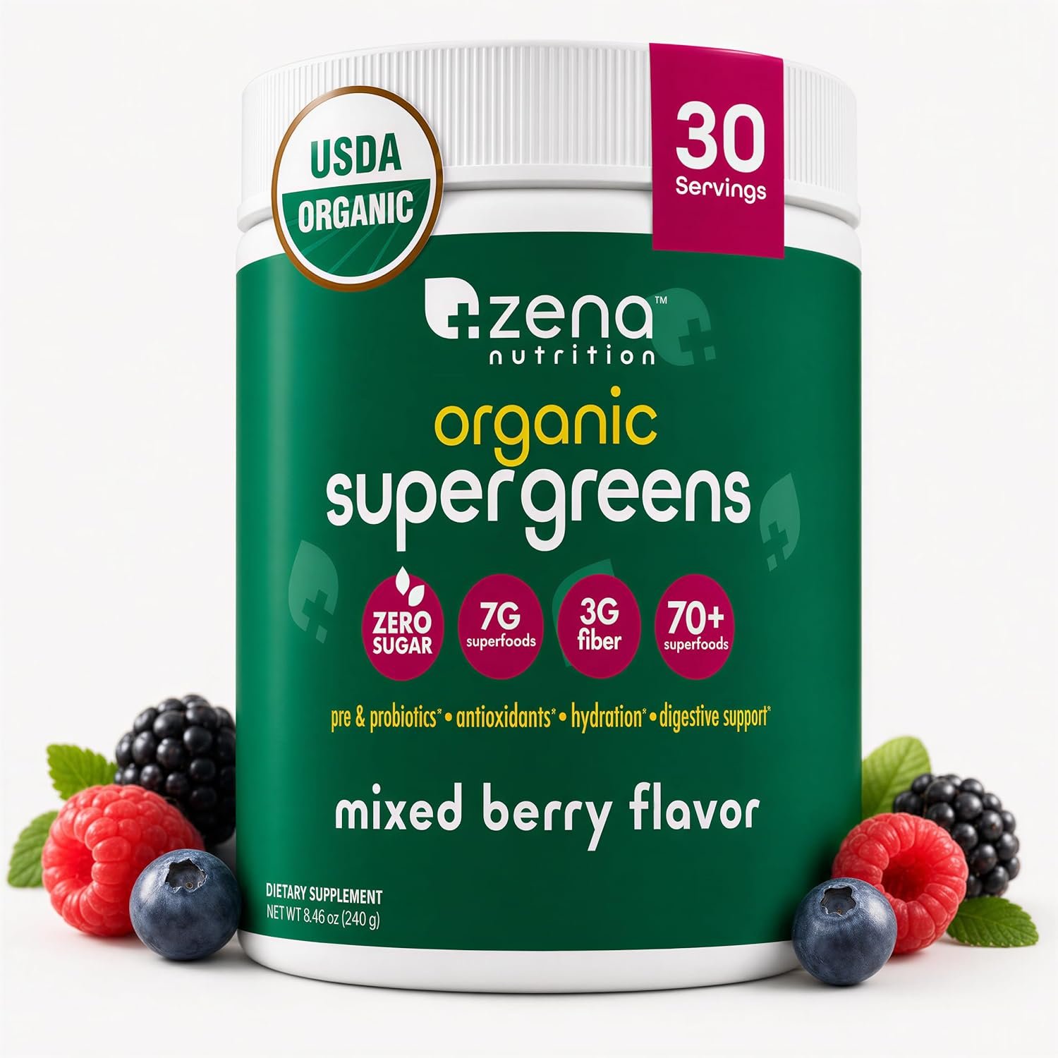 Zena Nutrition Organic Super Greens Powder, 70+ Superfoods, 0 Sugar, 3G Fiber, Spirulina, Chlorella, Antioxidants, Prebiotics/Probiotics, Digestive Enzymes, Mixed Berry, 30 Servings