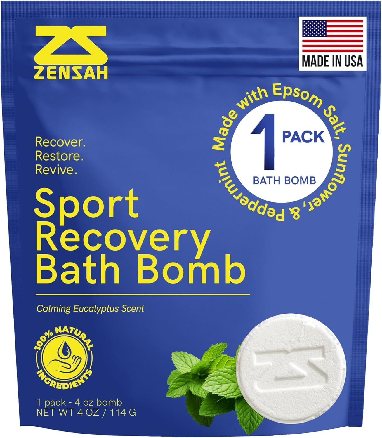 Zensah Sport Recovery Bath Bombs – Magnesium Epsom Salt for Soaking Sore Muscles, Mother’s Day Gifts, Made in USA with Essential Oils, Peppermint and Eucalyptus Relaxation for Athletes