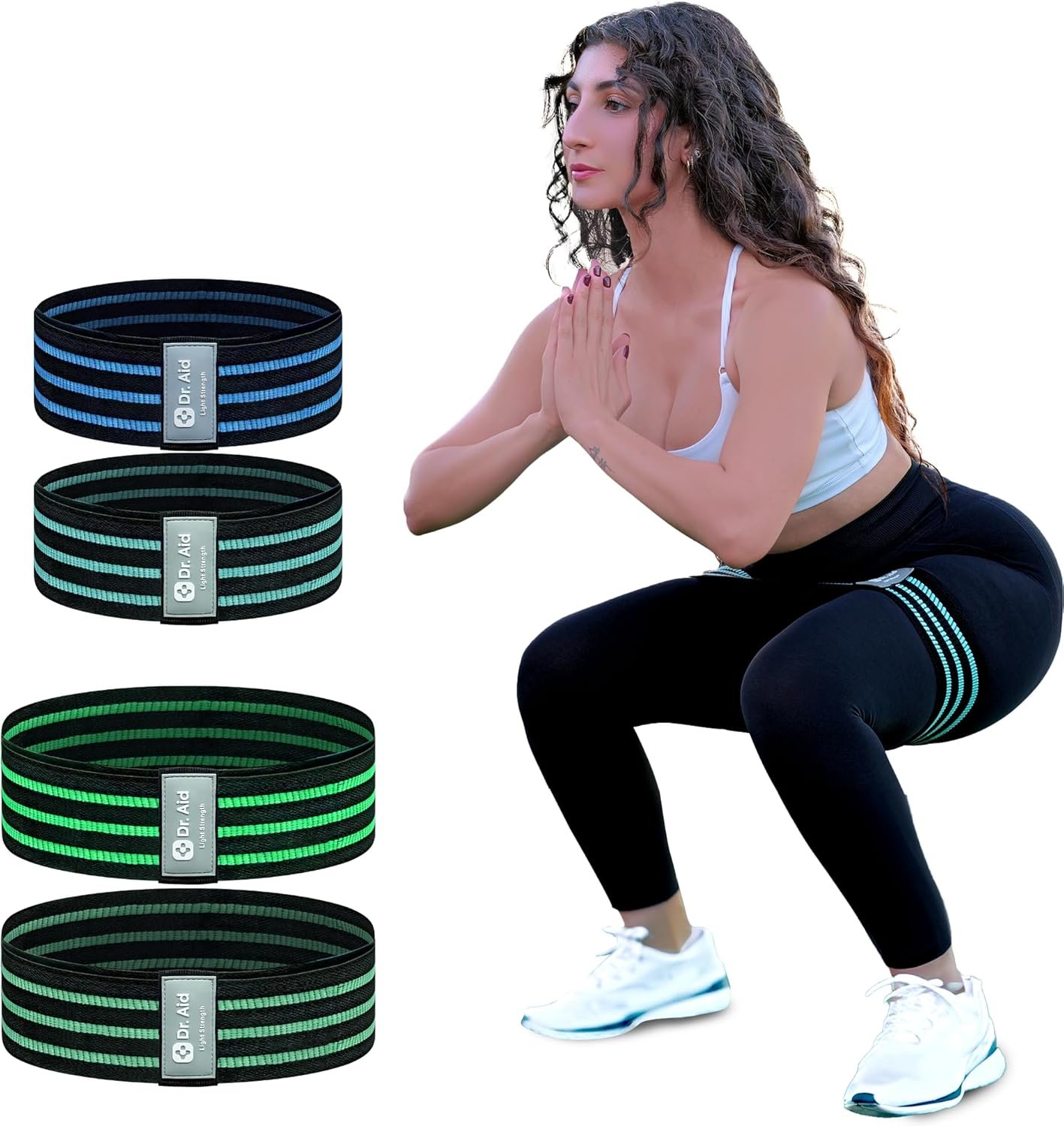 Dr. Aid Fabric Resistance Bands for Women & Men – 4 Booty Bands Set (2 Sizes, 2 Tension Levels) – Non-Slip, Non-Curl, Tear-Resistant, Extra Stretchy Workout Bands for Legs, Hips, Glutes & Butt