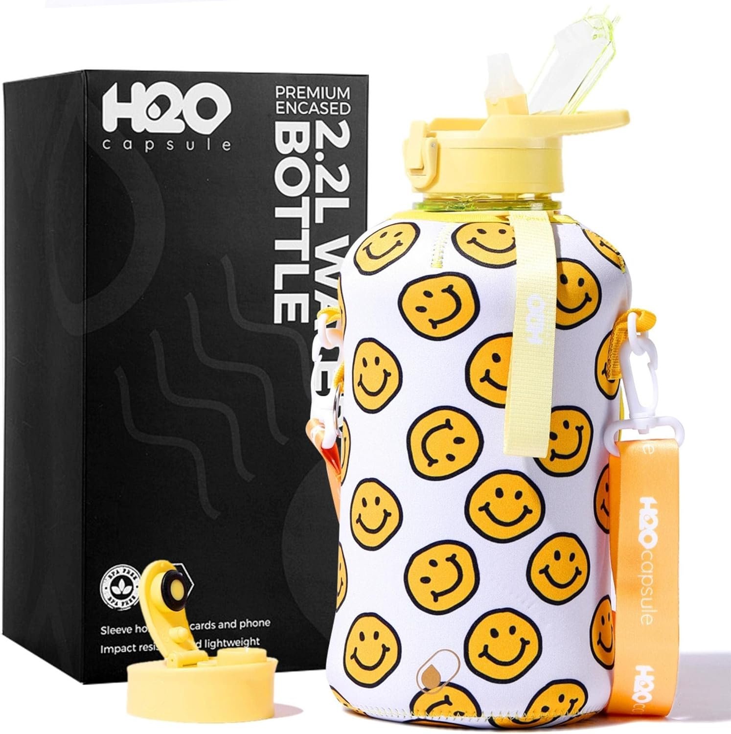 H2O Capsule 2.2L Half Gallon Water Bottle with Storage Sleeve and Covered Straw Lid – BPA Free Large Reusable Drink Container with Handle – Big Sports Jug, 2.2 Liter (74 Ounce)