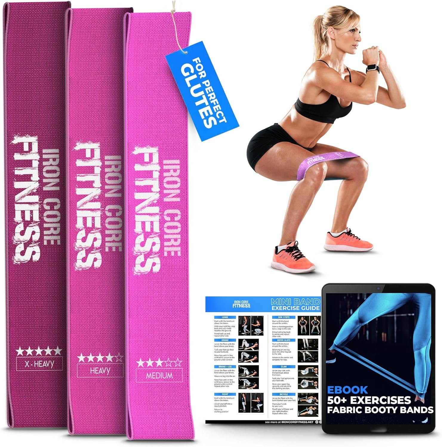 Fabric Mini Resistance Bands Sets for Trainers, Bootcamp, Gym for Men and Women in Fun Colors – Ebook, Videos and Workout Chart Included by Iron Core Fitness