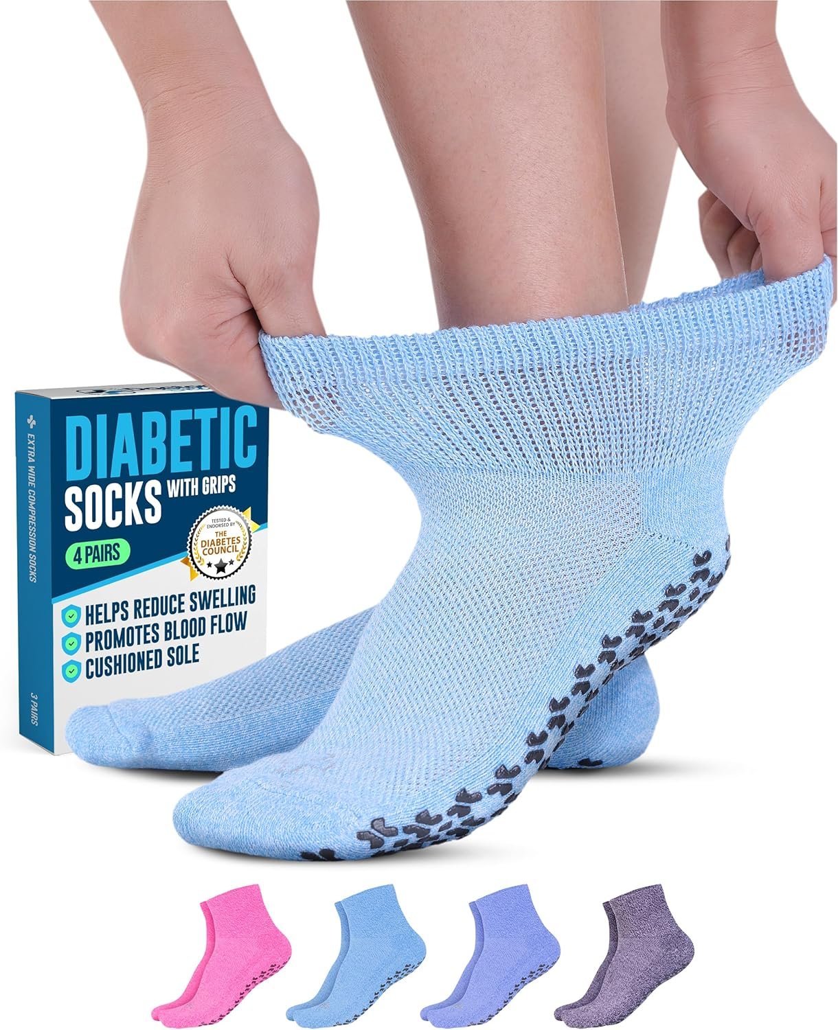 Doctor’s Select Diabetic Ankle Hospital Socks with Grips for Women Men – 4 Pair 1/4 Length Neuropathy Socks for Women