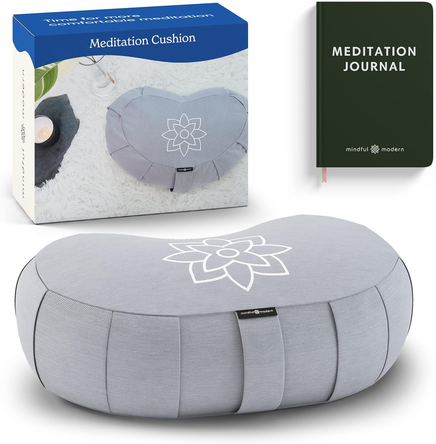 Mindful & Modern Large Meditation Cushion | Zafu Yoga Bolster Meditation Floor Pillow Seat | Buckwheat Hull Filled Crescent Shaped Cushion with Removable Washable Cover + Carry Handle | Grey